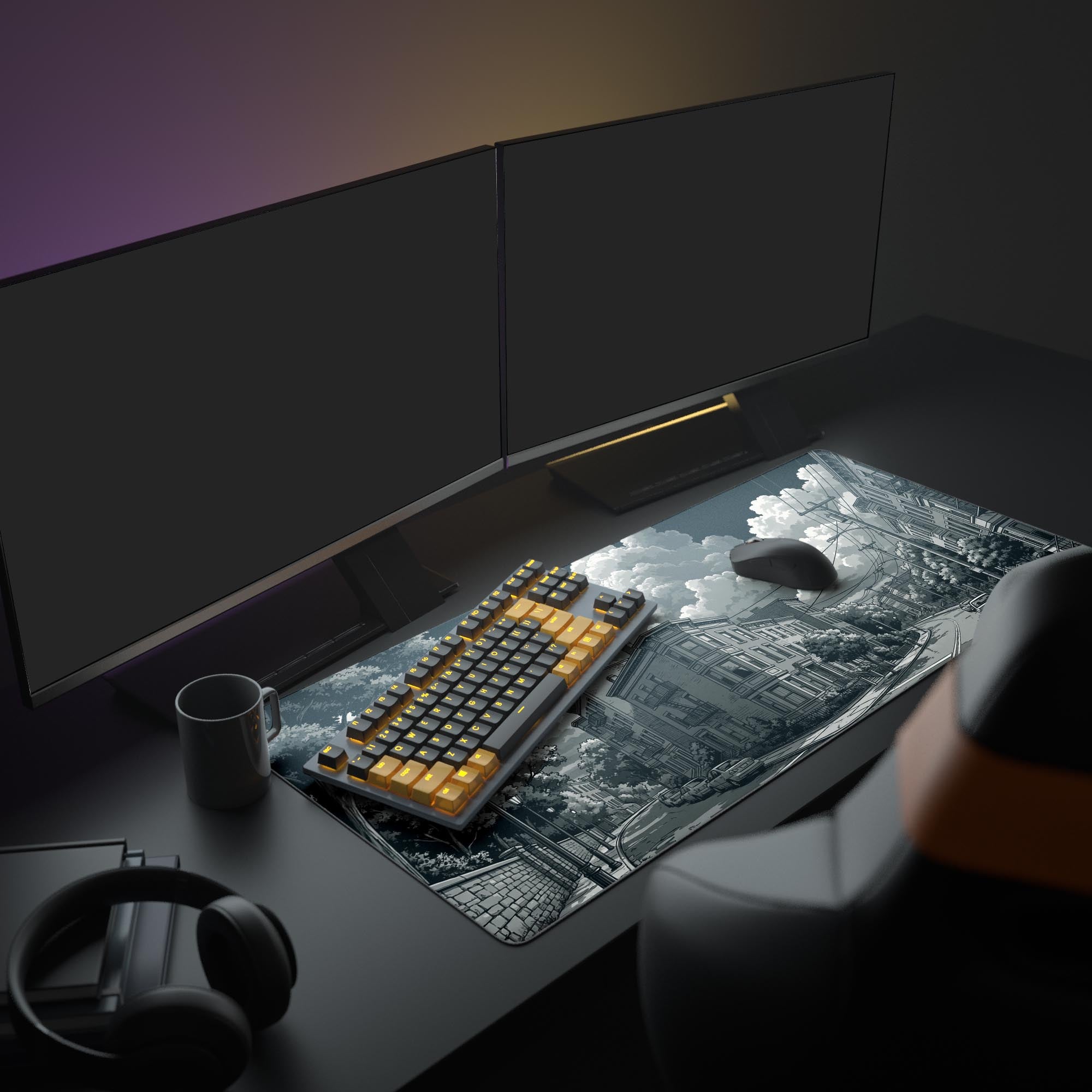 Large Silent Corner desk mat in an aesthetic WFH setup with dual monitors, headphones, and a keyboard. - Epic Design Pads & Mousepads