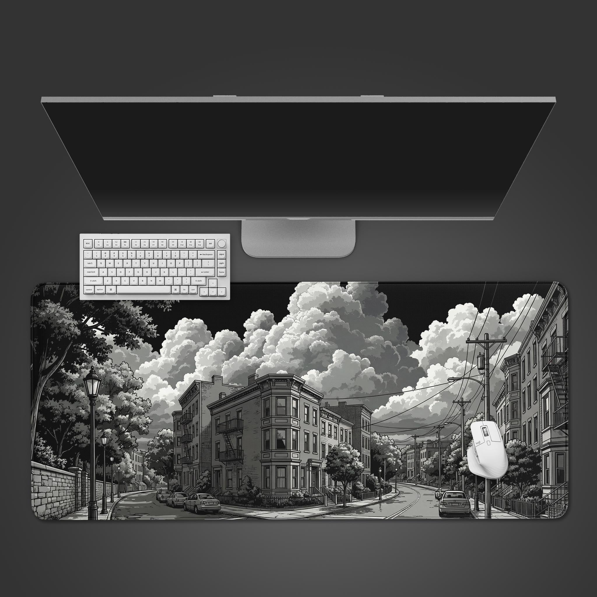 Silent Corner desk mat with manga cityscape art, shown in a top-down view with a mechanical keyboard and mouse. - Epic Design Pads & Mousepads