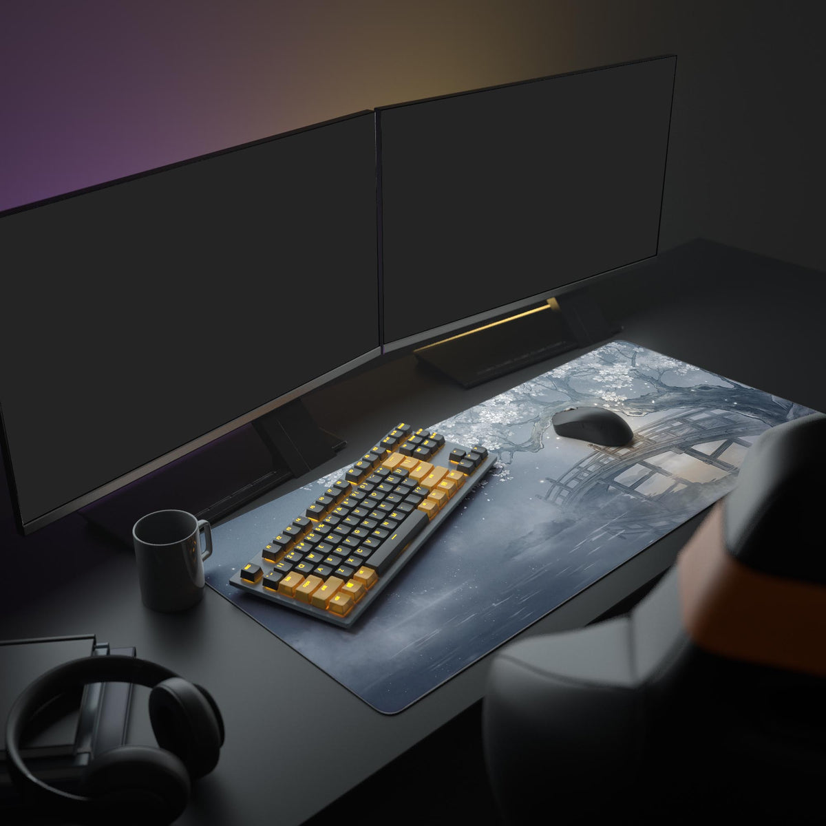 A minimalist PC setup featuring the Silent Crossing Mouse Pad, which displays a serene Japanese landscape under a large monitor, creating a focused and aesthetic workspace. - Epic Design Pads & Mousepads