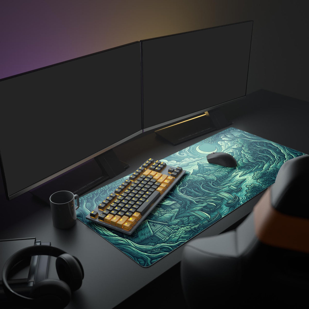 A full PC setup showcasing the Silent Departure extended mouse pad under a monitor and keyboard, creating a mythical fantasy desk aesthetic. - Epic Design Pads & Mousepads