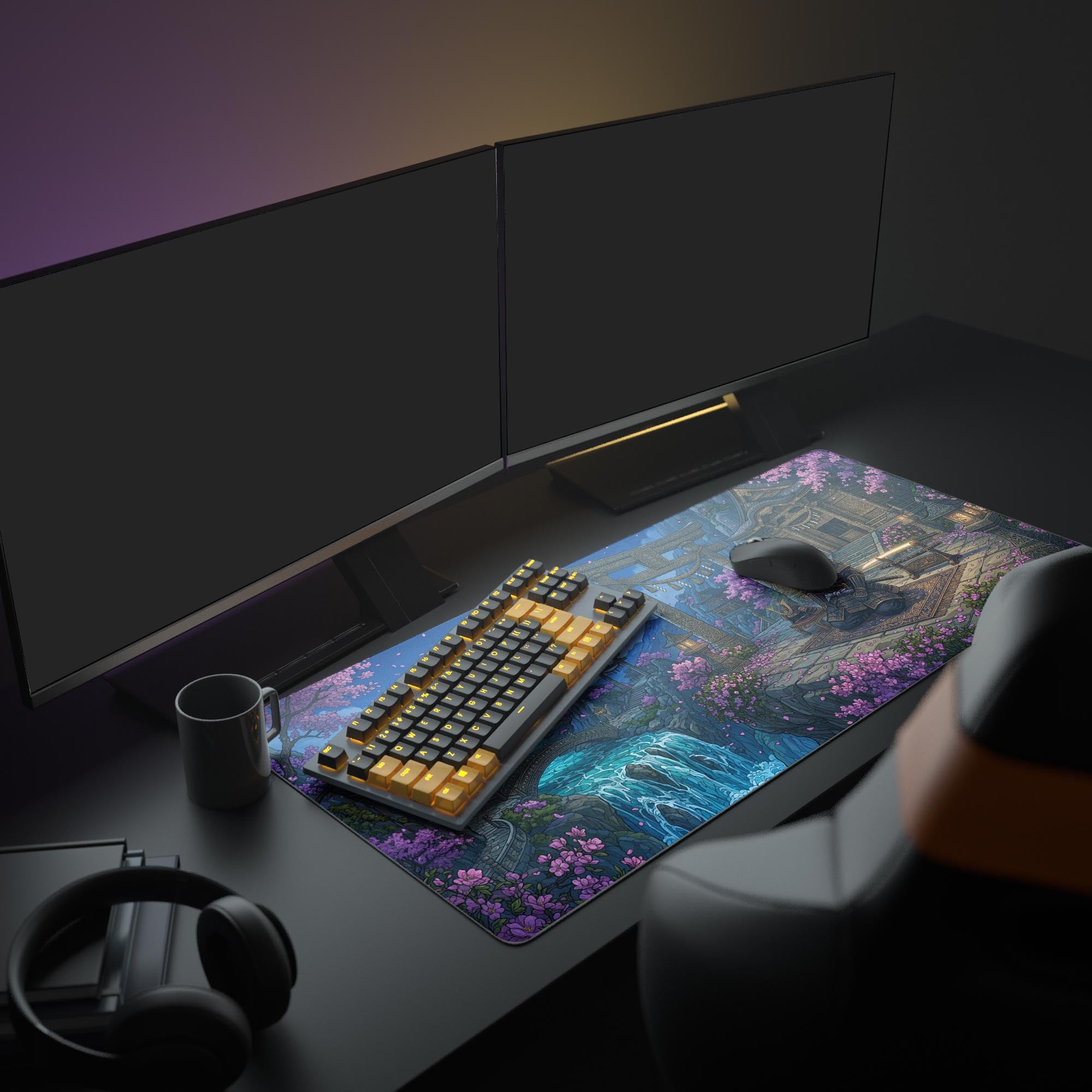 A full gaming PC setup showcasing the purple and blue Silent Discipline Mouse Pad, enhancing the aesthetic with its detailed Japanese art. - Epic Design Pads & Mousepads
