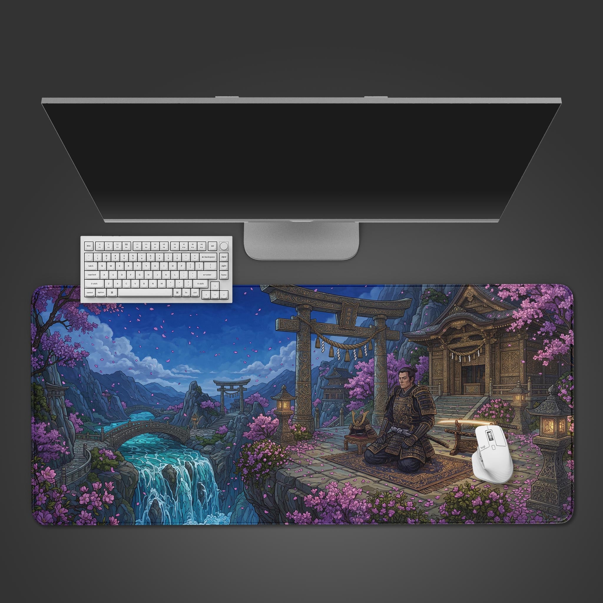 Top-down view of the Silent Discipline Gaming Desk Mat featuring a Japanese samurai shrine scene, shown with a white keyboard and mouse on a dark surface. - Epic Design Pads & Mousepads
