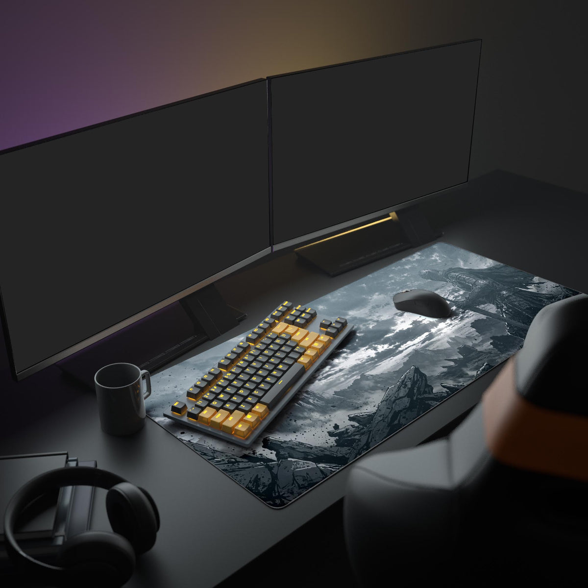 Large Silent Duty gaming desk mat with knight design shown in an epic desk setup with dual monitors, keyboard, and headphones. - Epic Design Pads & Mousepads