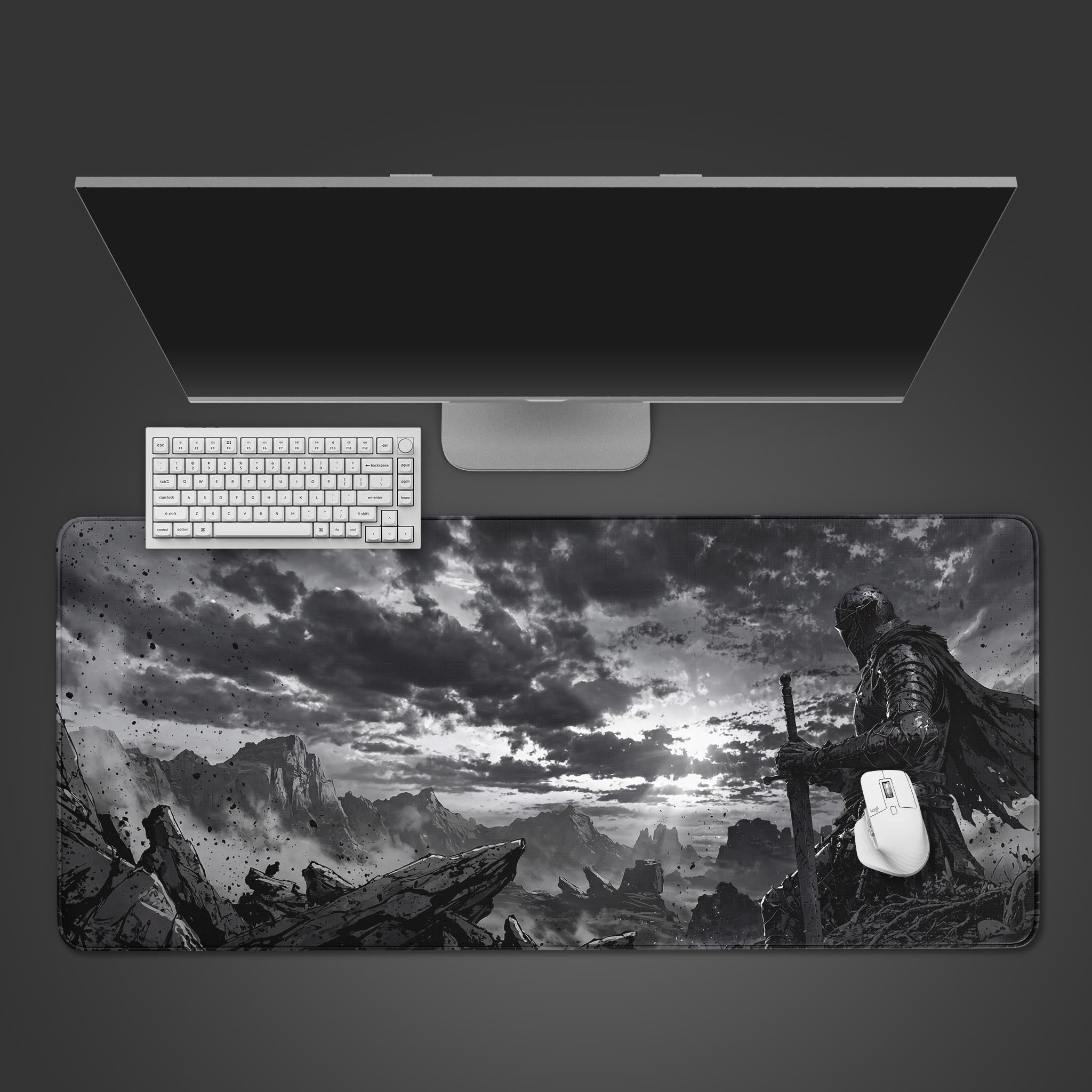 Silent Duty desk mat featuring a lone knight in a desolate landscape. Top-down view on a desk with a gaming keyboard and mouse. - Epic Design Pads & Mousepads