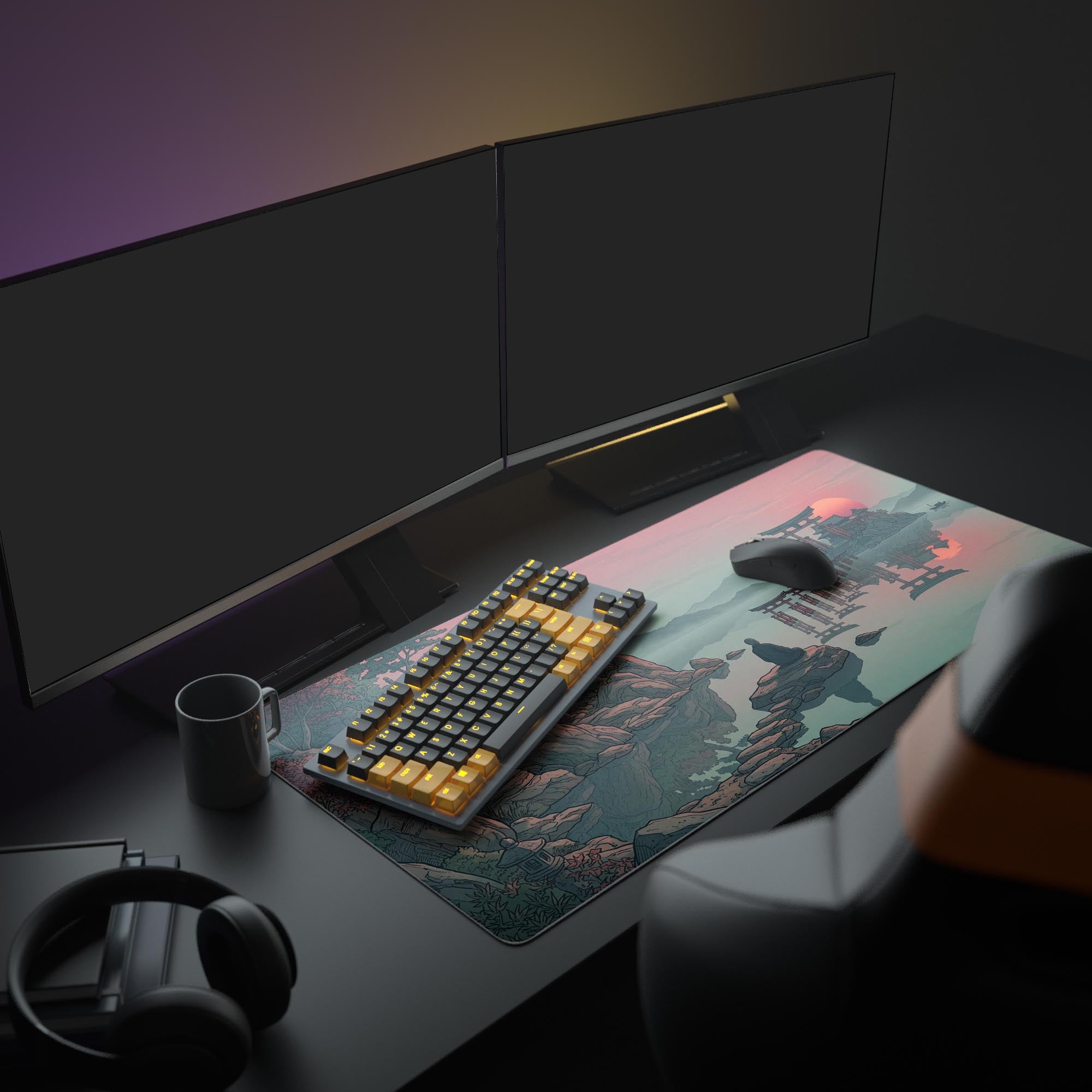 A full gaming setup featuring the 'Silent Focus' Japanese art mouse pad, with dual monitors, a keyboard, and a white ergonomic mouse, creating a calm aesthetic. - Epic Design Pads & Mousepads