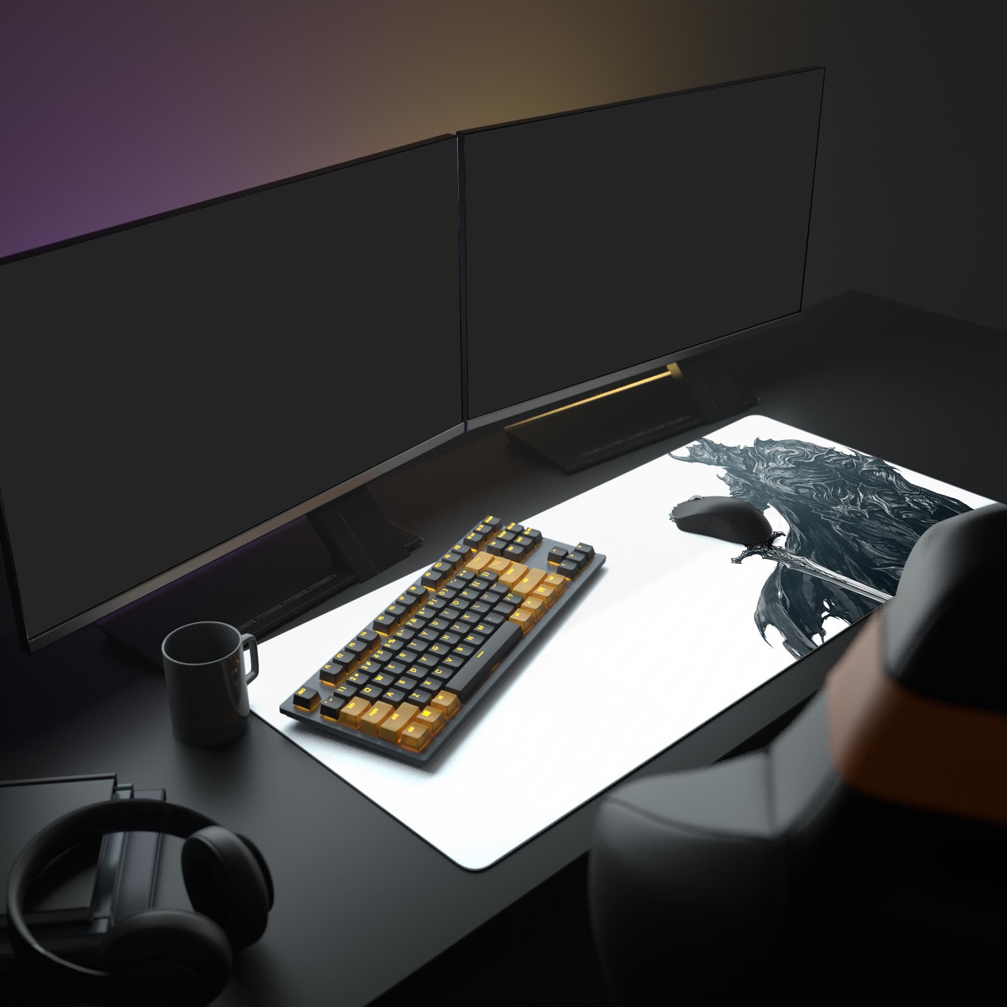 A complete PC gaming setup featuring the white and black Silent Knight mouse pad, with glowing monitors and a mechanical keyboard, creating a dark fantasy aesthetic. - Epic Design Pads & Mousepads