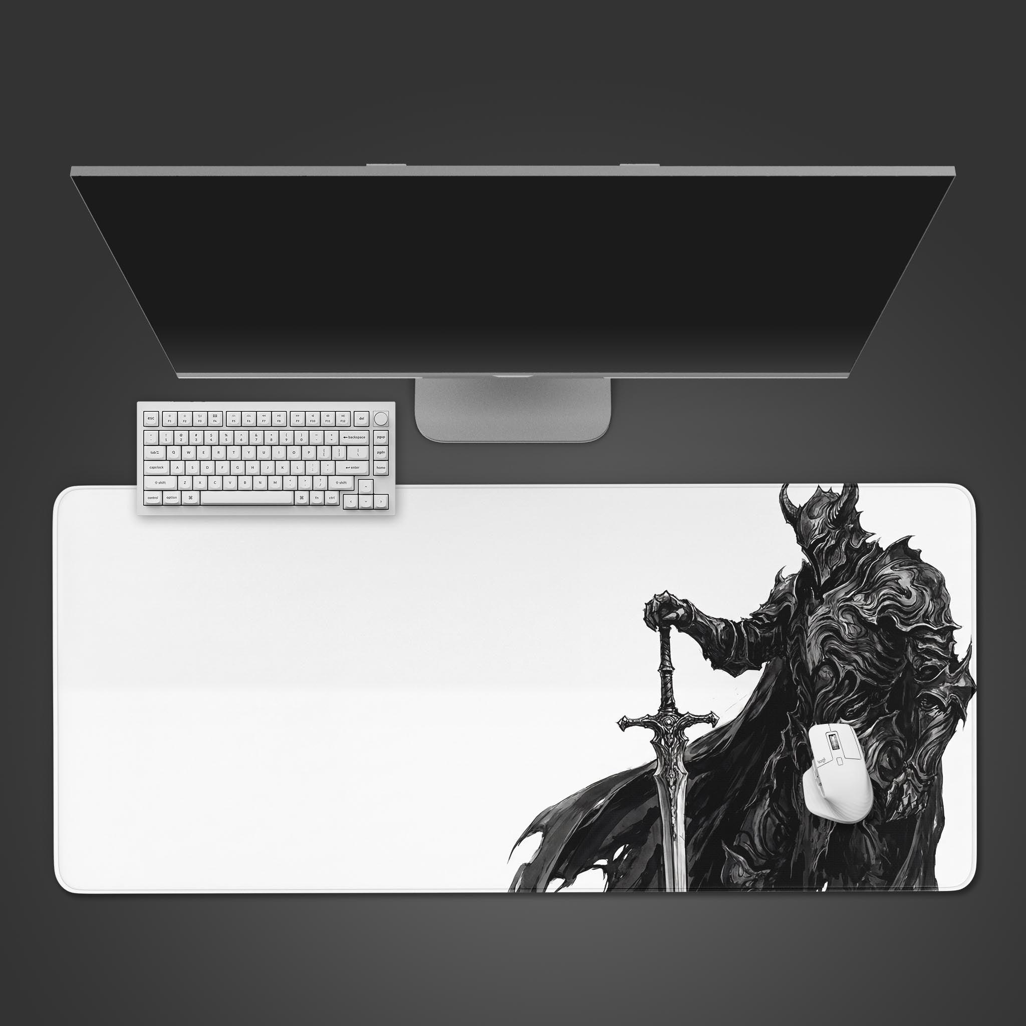 Top-down view of the Silent Knight gaming desk mat, showing the dark fantasy warrior design next to a white keyboard and mouse on a dark surface. - Epic Design Pads & Mousepads