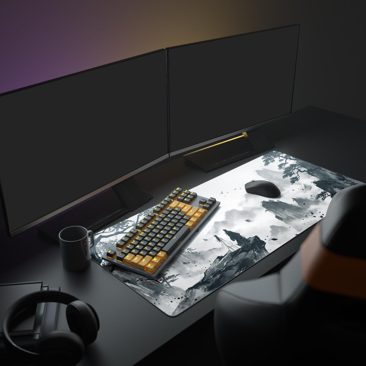 A complete desk setup featuring the Silent Observers mouse pad, with dual monitors, an illuminated keyboard, and a white mouse creating a serene, monochrome aesthetic. - Epic Design Pads & Mousepads