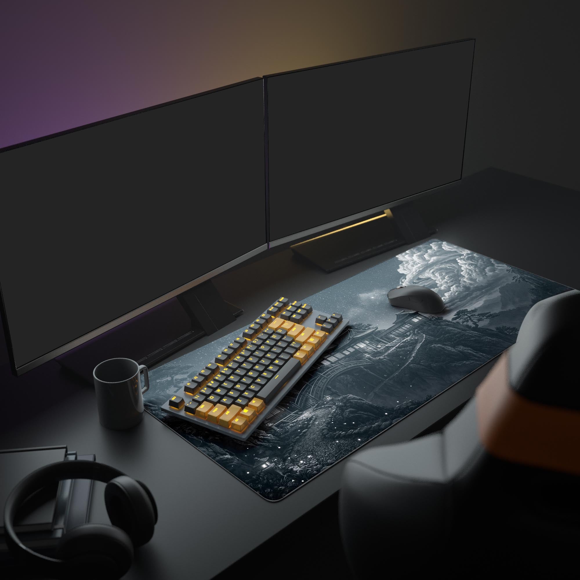 A monochrome Japanese art mouse pad creating a zen workspace aesthetic in a full PC setup with gaming peripherals and monitors. - Epic Design Pads & Mousepads