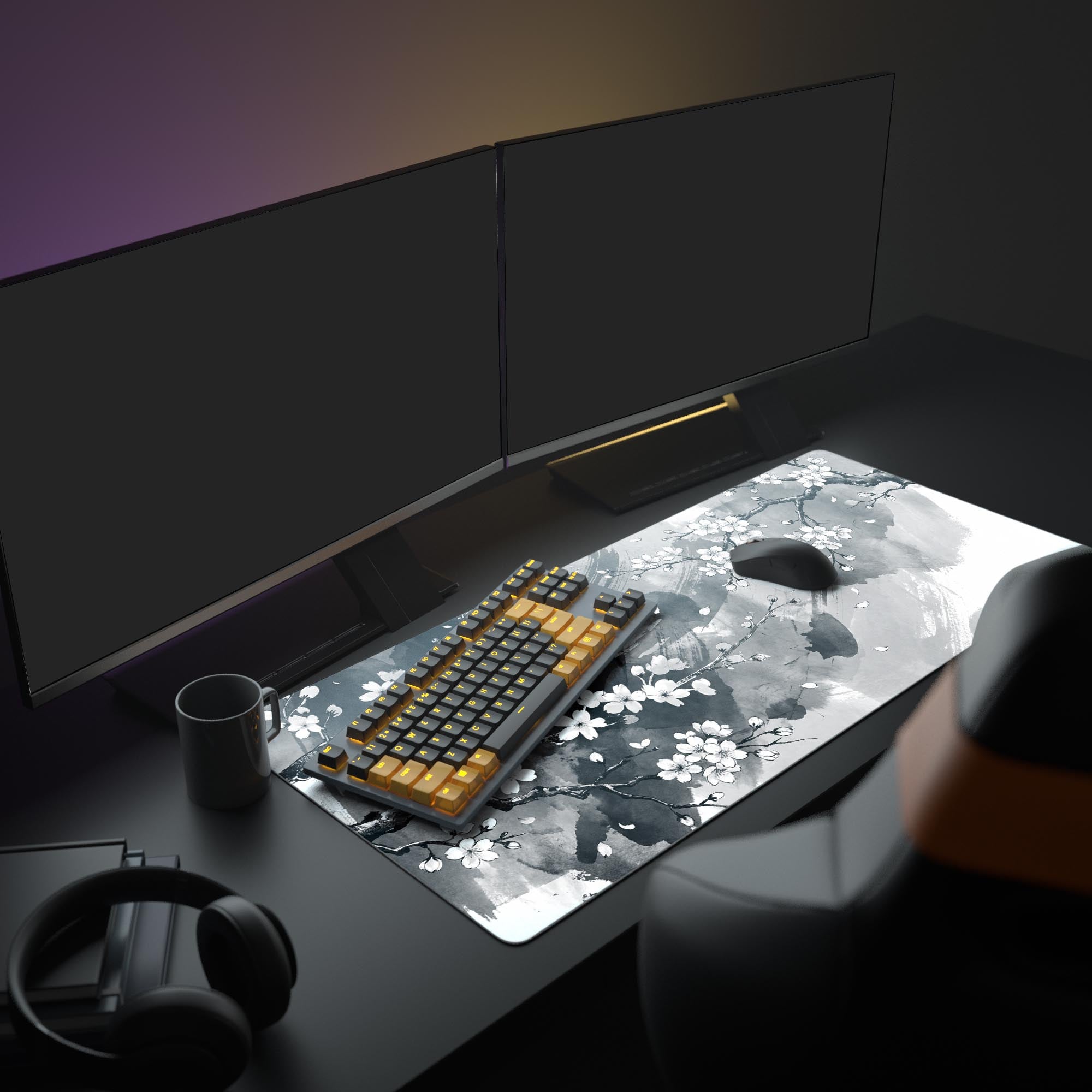 A complete minimalist PC setup featuring the monochrome Silent Sakura Gaming Desk Mat. The XL mouse pad enhances the aesthetic with dual monitors and a glowing keyboard. - Epic Design Pads & Mousepads