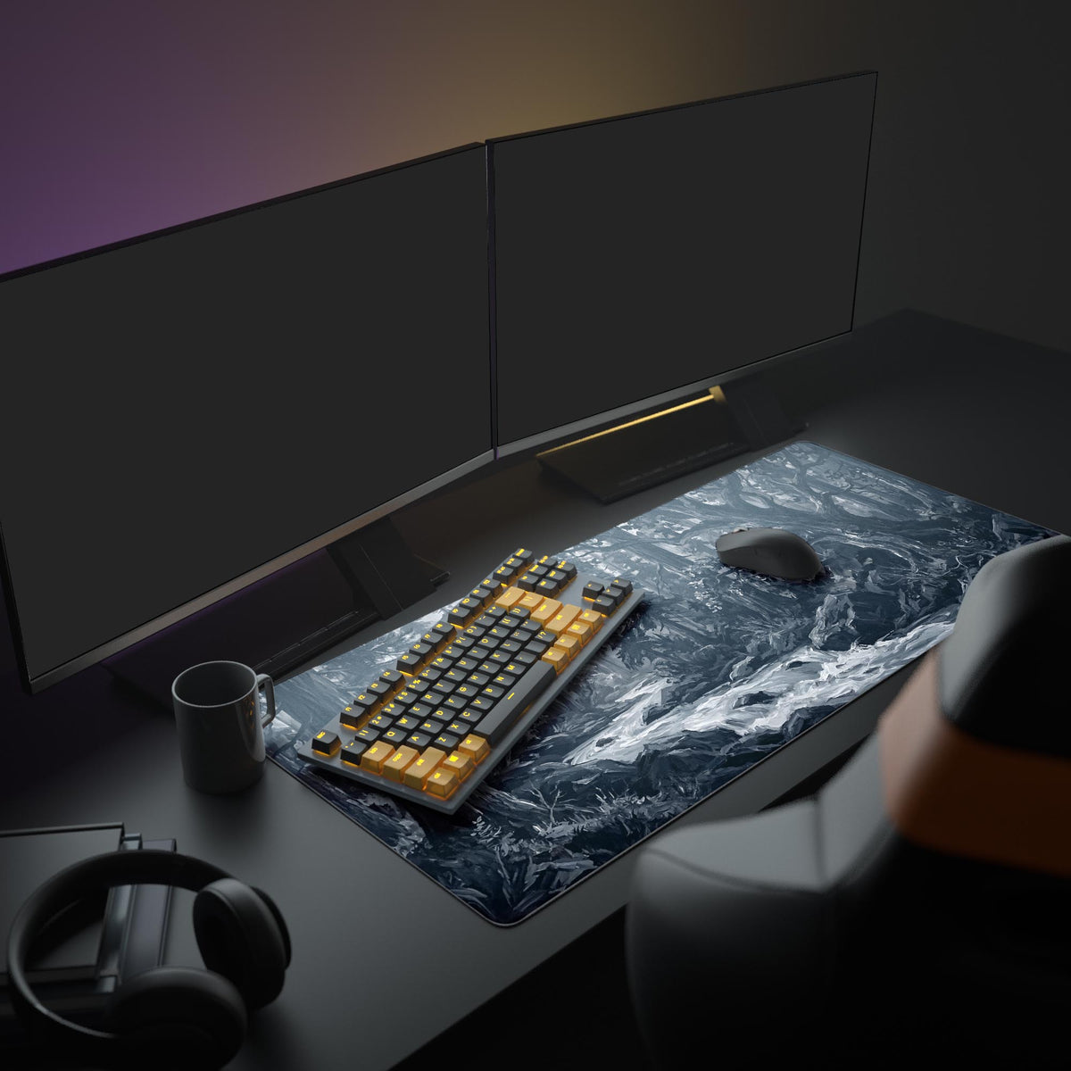 Large Silent Stream monochrome desk mat in a full desk setup with dual monitors and headphones, creating a productive zen workspace. - Epic Design Pads & Mousepads