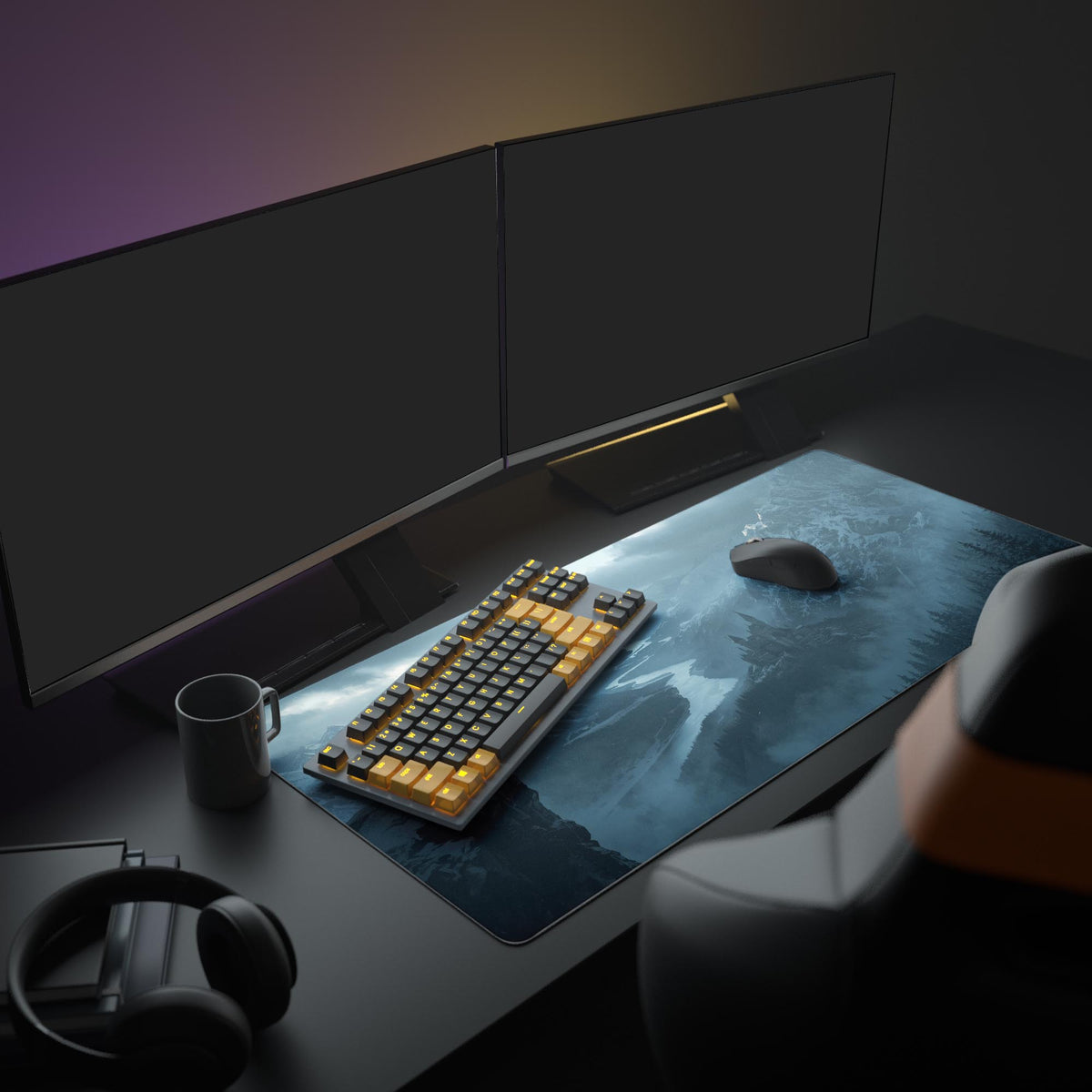 Large Silent Vigil gaming mouse pad in an epic workspace setup with dual monitors, mechanical keyboard, and headphones. - Epic Design Pads