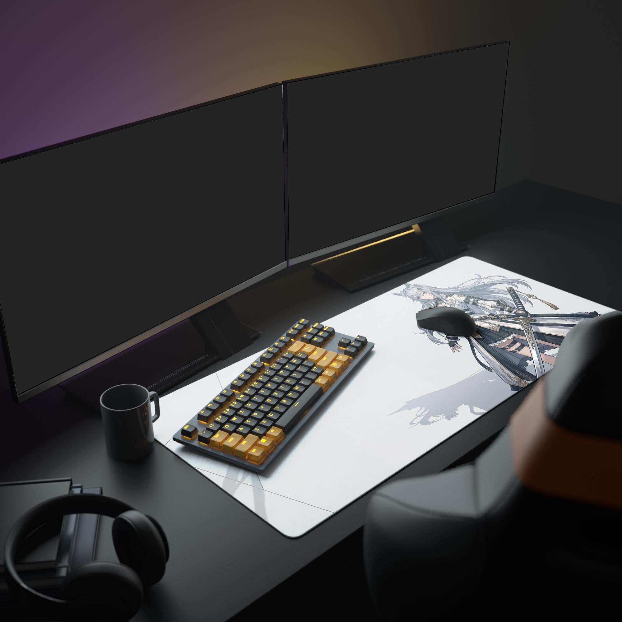 A clean, minimalist PC setup featuring the Silver Vanguard XL mouse pad, with dual monitors, a white gaming keyboard, and ambient lighting. - Epic Design Pads & Mousepads