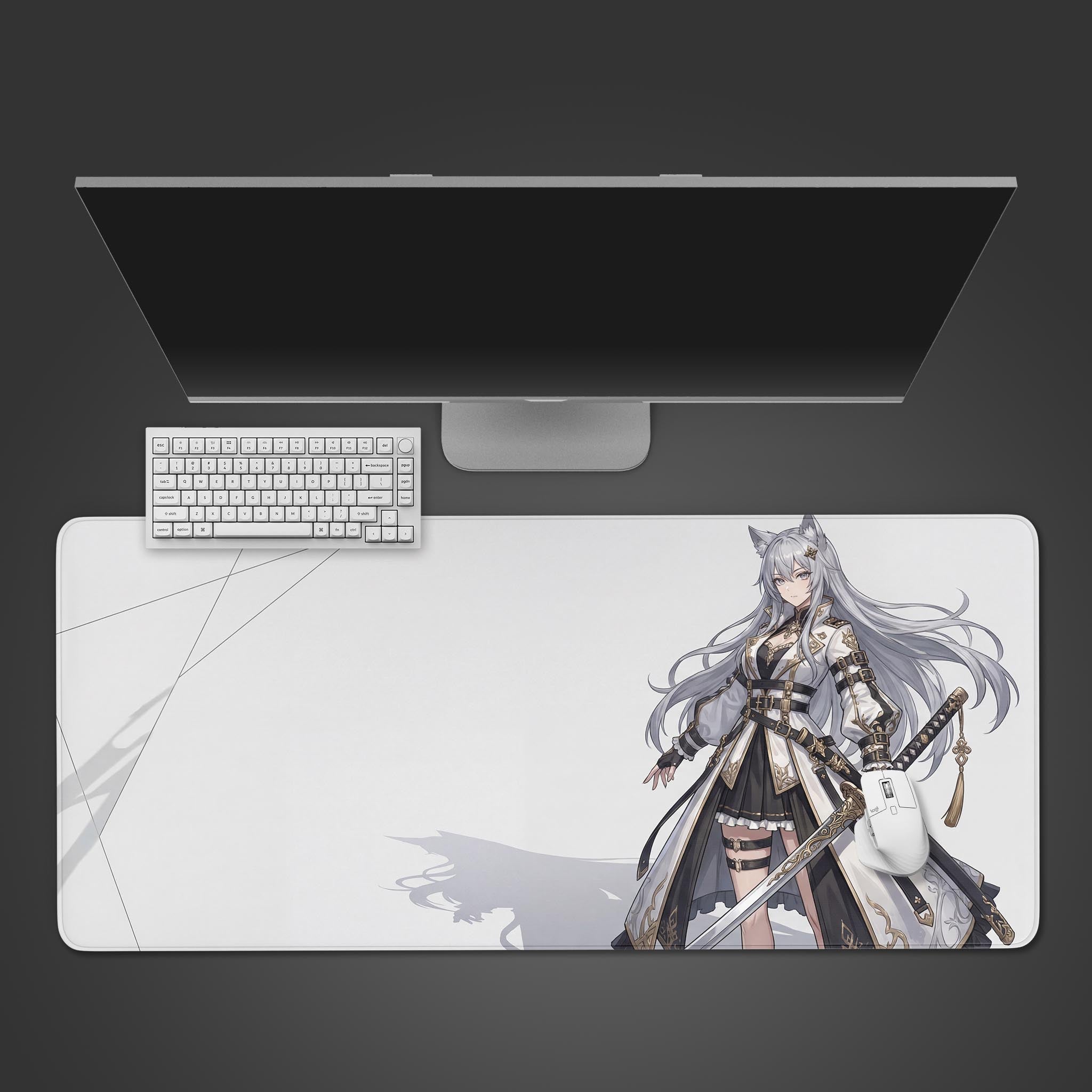 Top-down view of the Silver Vanguard gaming desk mat featuring an anime swordswoman, shown with a white keyboard and a modern monitor on a dark surface. - Epic Design Pads & Mousepads