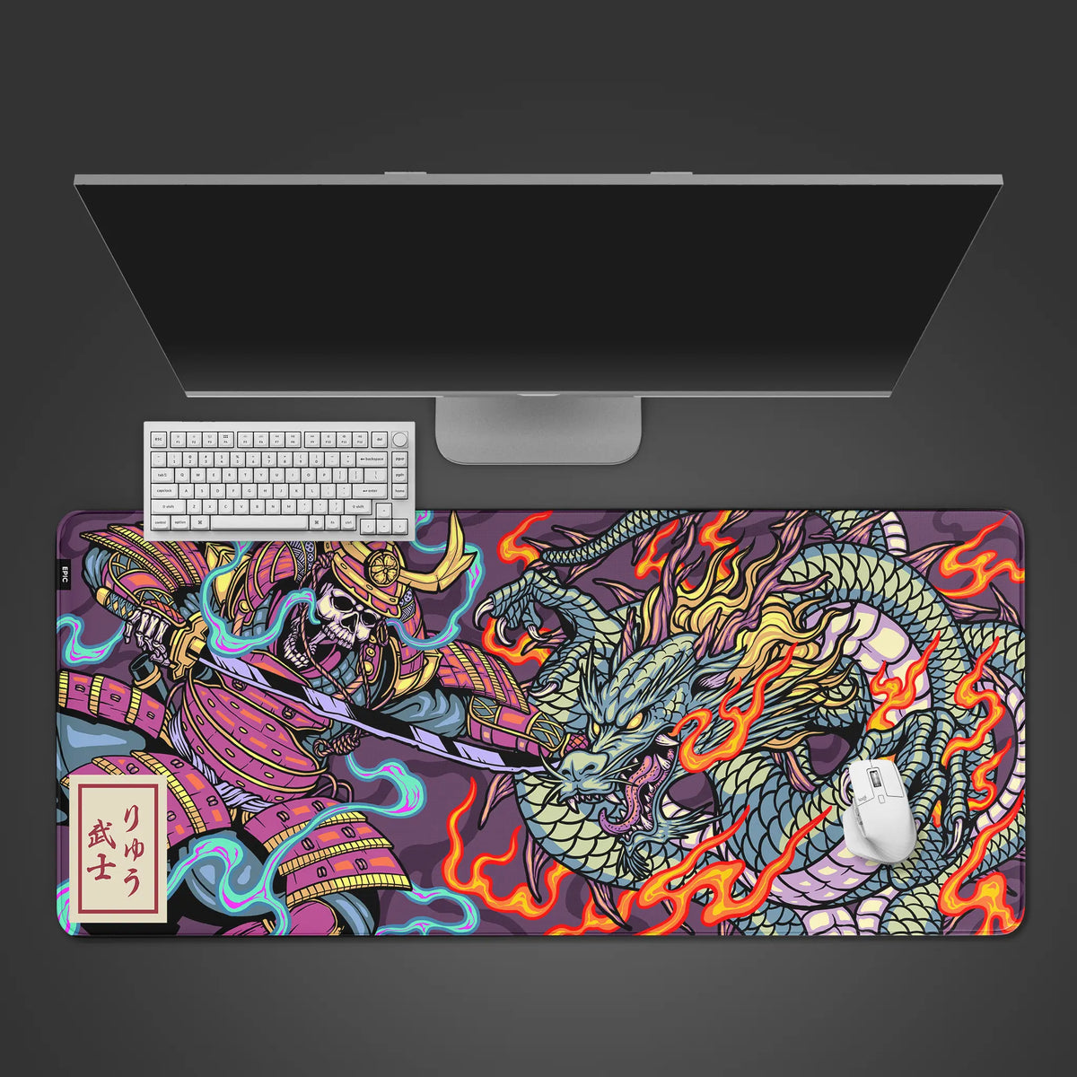 Skeleton vs Dragon Desk Mat, Fiery Samurai Pad, Japanese Fantasy Skeleton vs Dragon Desk Mat, Fiery Samurai Pad, Japanese Fantasy