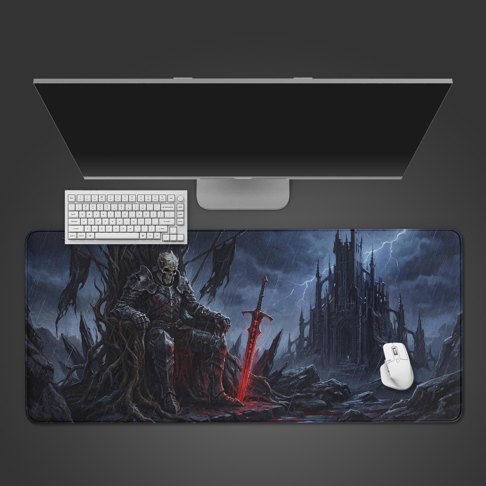 Undead King dark fantasy desk mat featuring a skeleton knight on a throne with a glowing red sword