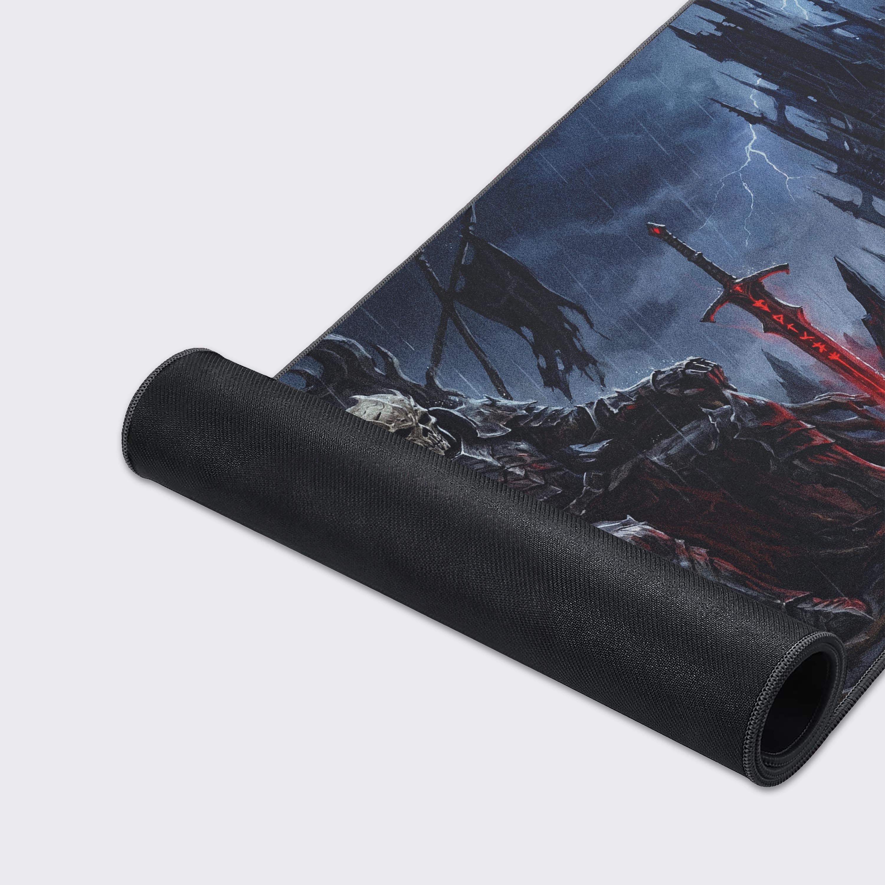 Detailed view of the crimson glowing sword and skeletal armor on the high-quality desk mat