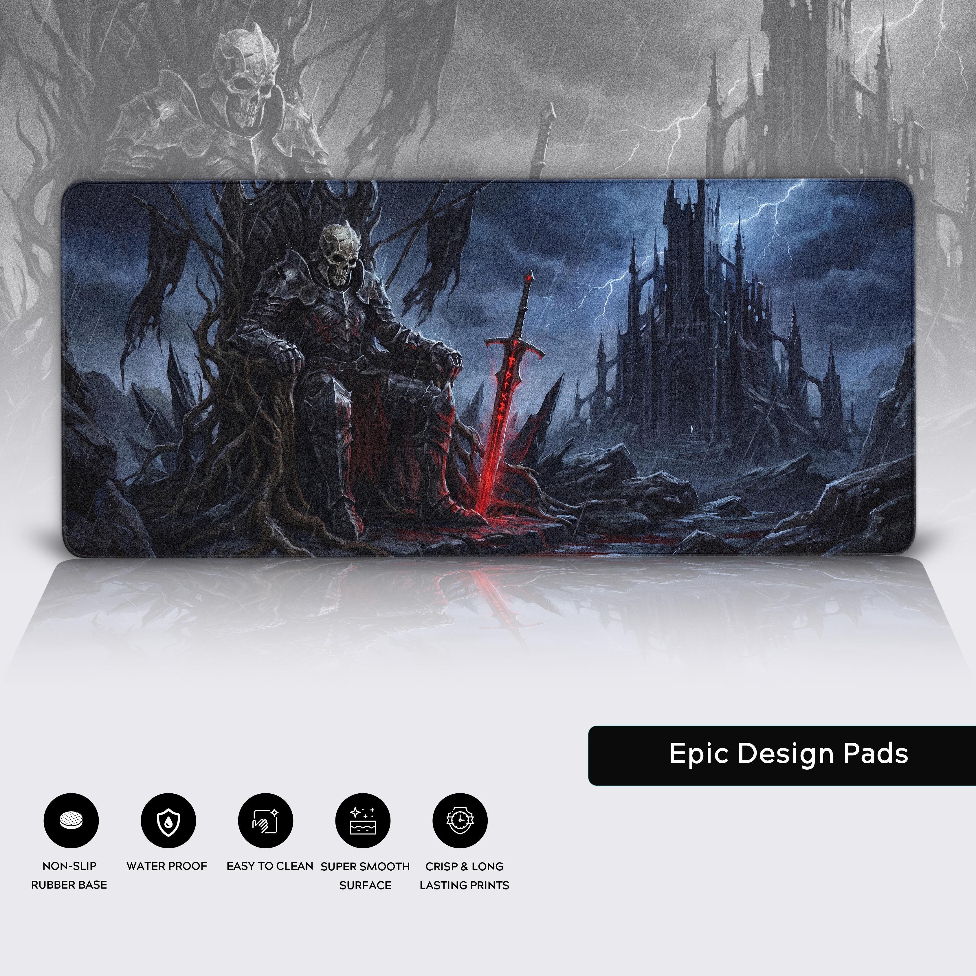 Epic Design Pads desk mat showcasing non-slip rubber base, water-proof surface, and easy to clean features