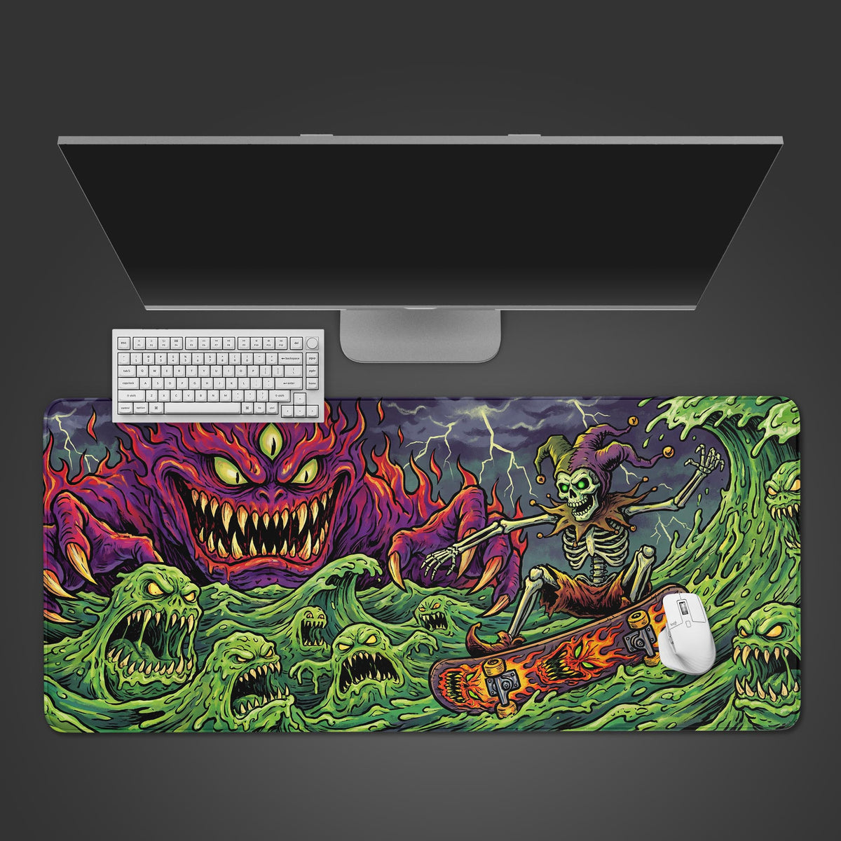 Skeleton jester skateboarding on green slime waves with monster faces.