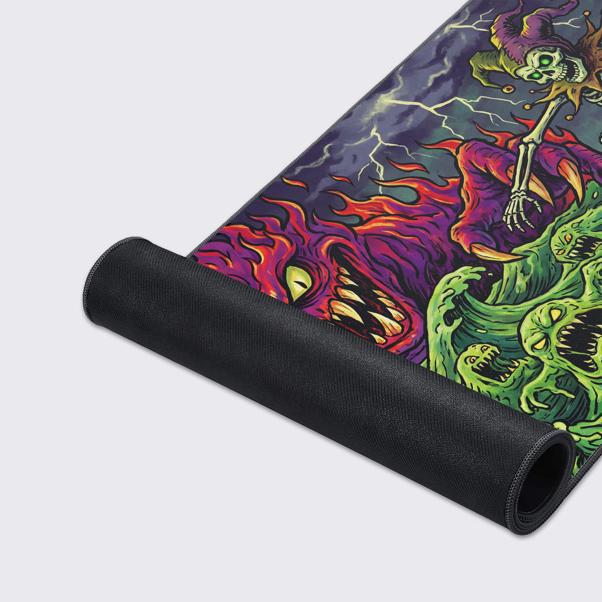 Flaming skateboard design with a grinning skeleton rider.