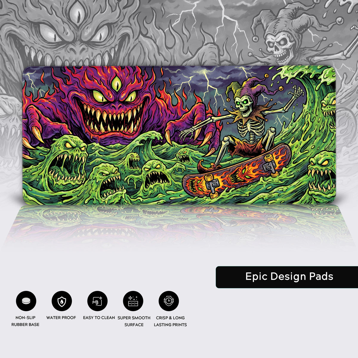 Vibrant toxic green and deep purple monster art desk mat design.
