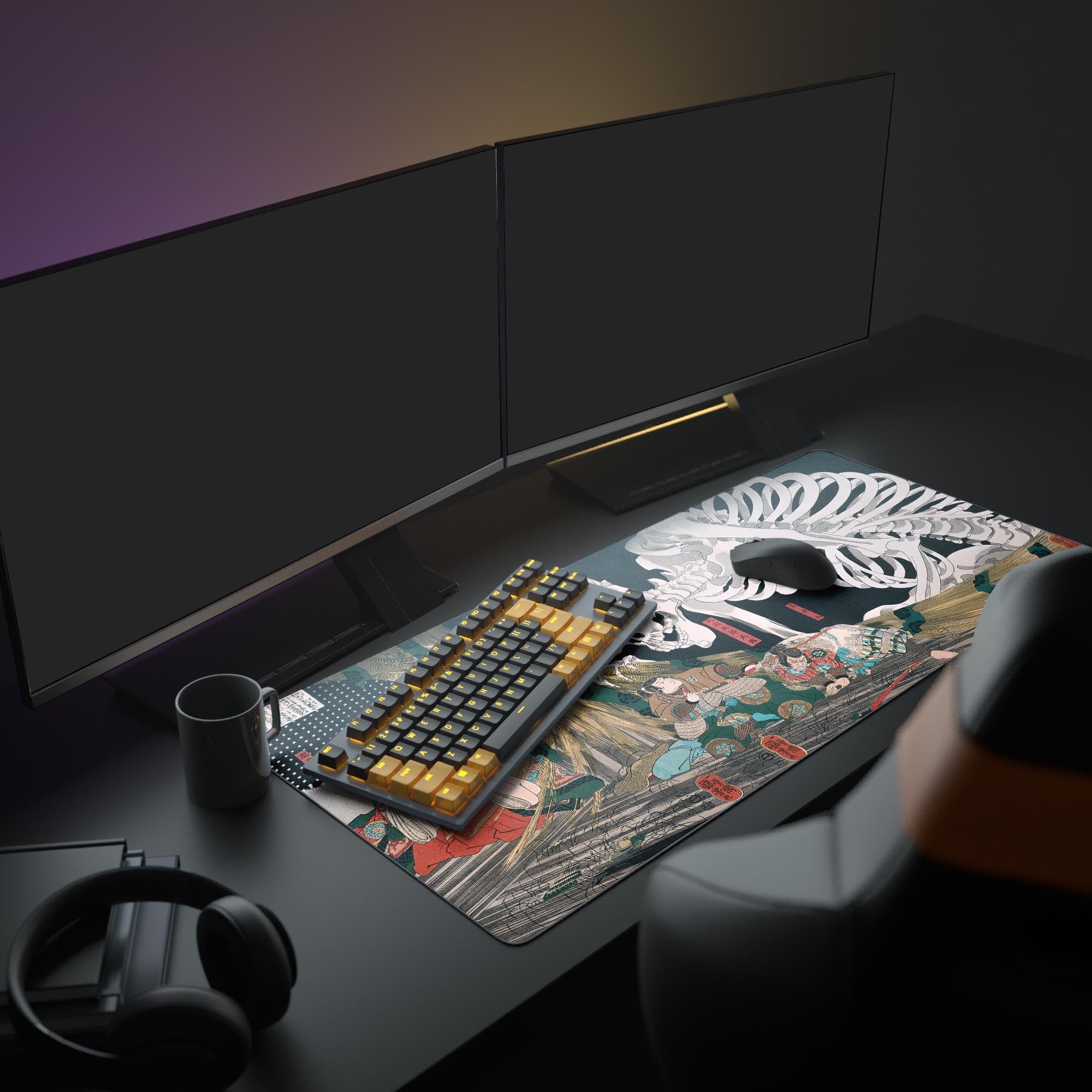 Large Skeleton Spectre Ukiyo-e gaming desk mat in an aesthetic workspace setup with dual monitors, a mechanical keyboard, and headphones. - Epic Design Pads & Mousepads