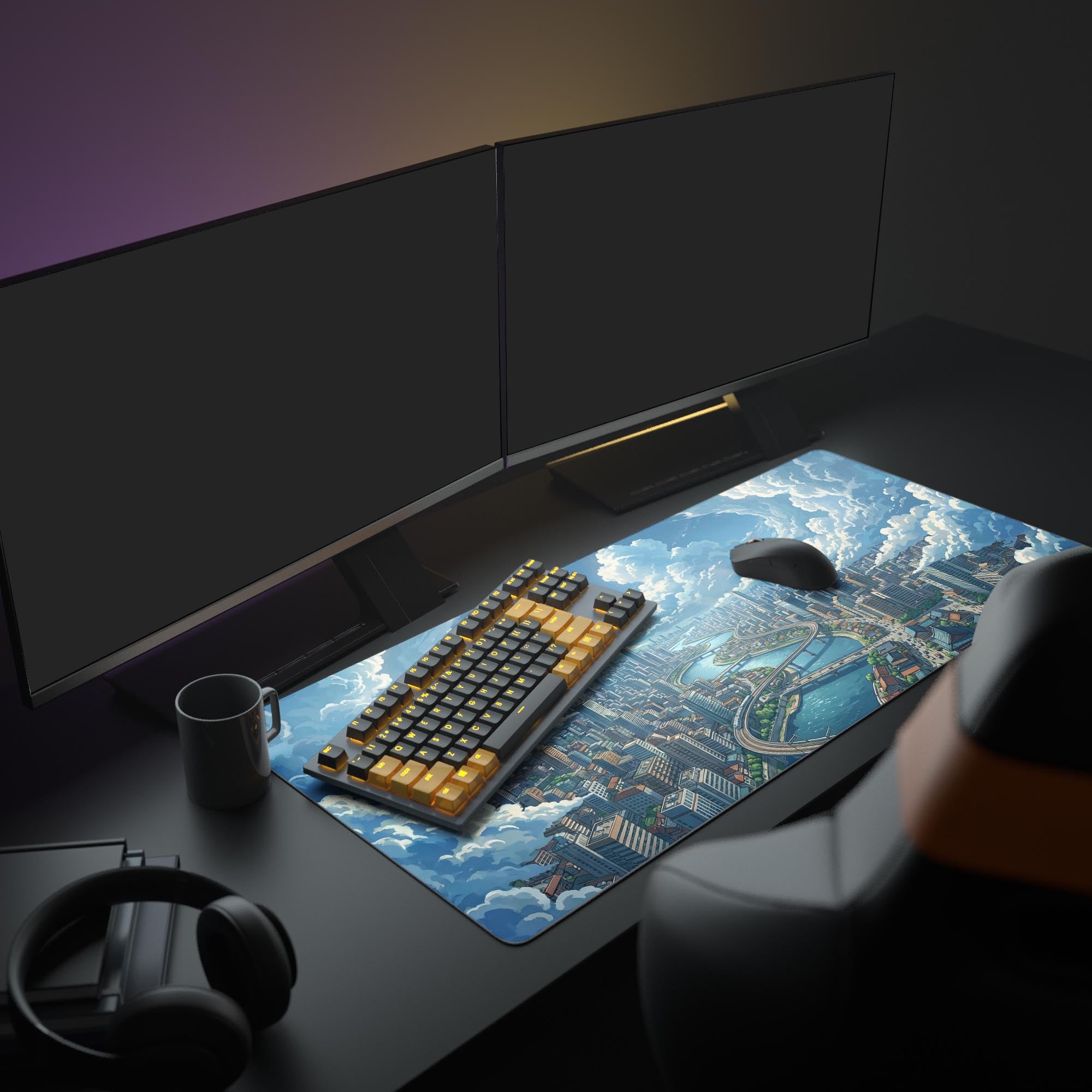 The Skybound City gaming desk mat shown in a complete PC setup, its vibrant blue sky and cloud design complementing multiple monitors and gaming peripherals. - Epic Design Pads & Mousepads