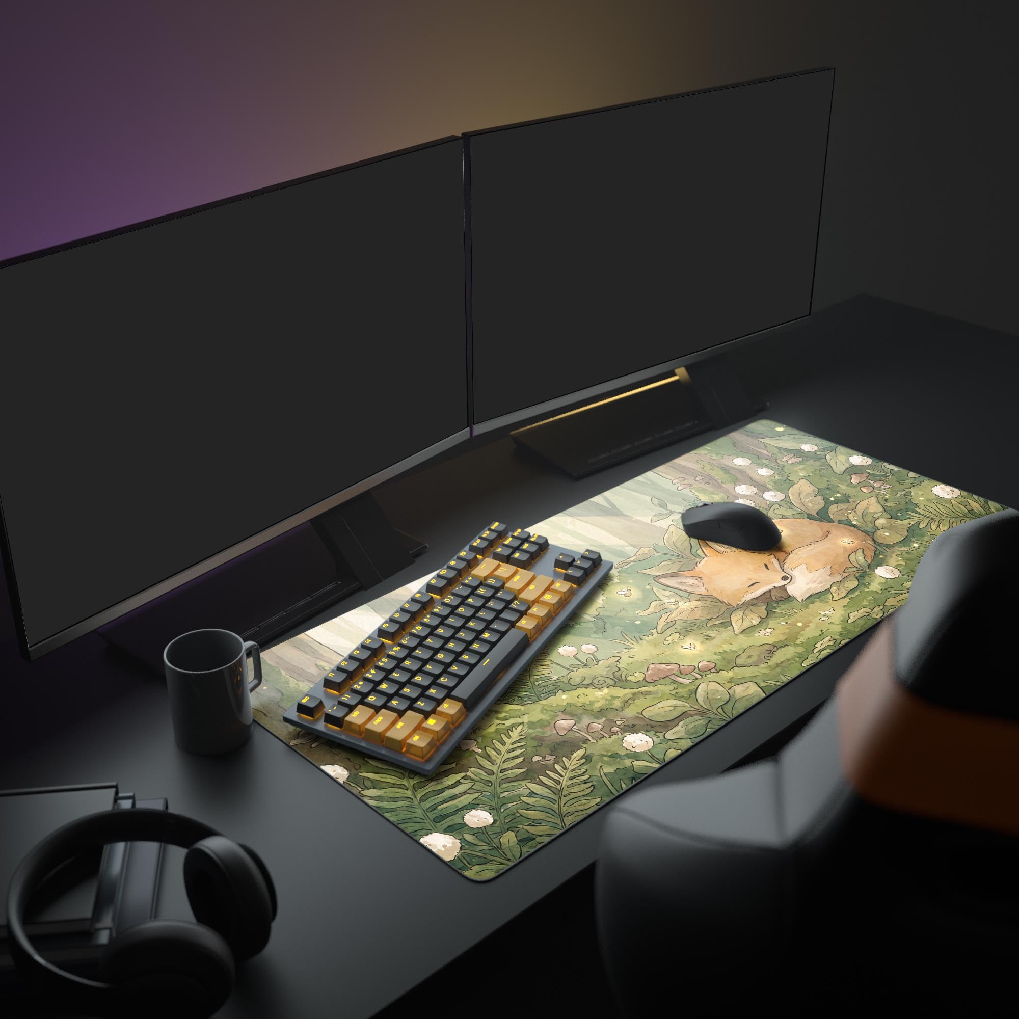 Close-up of cozy woodland fox illustration on an extended gaming mouse pad