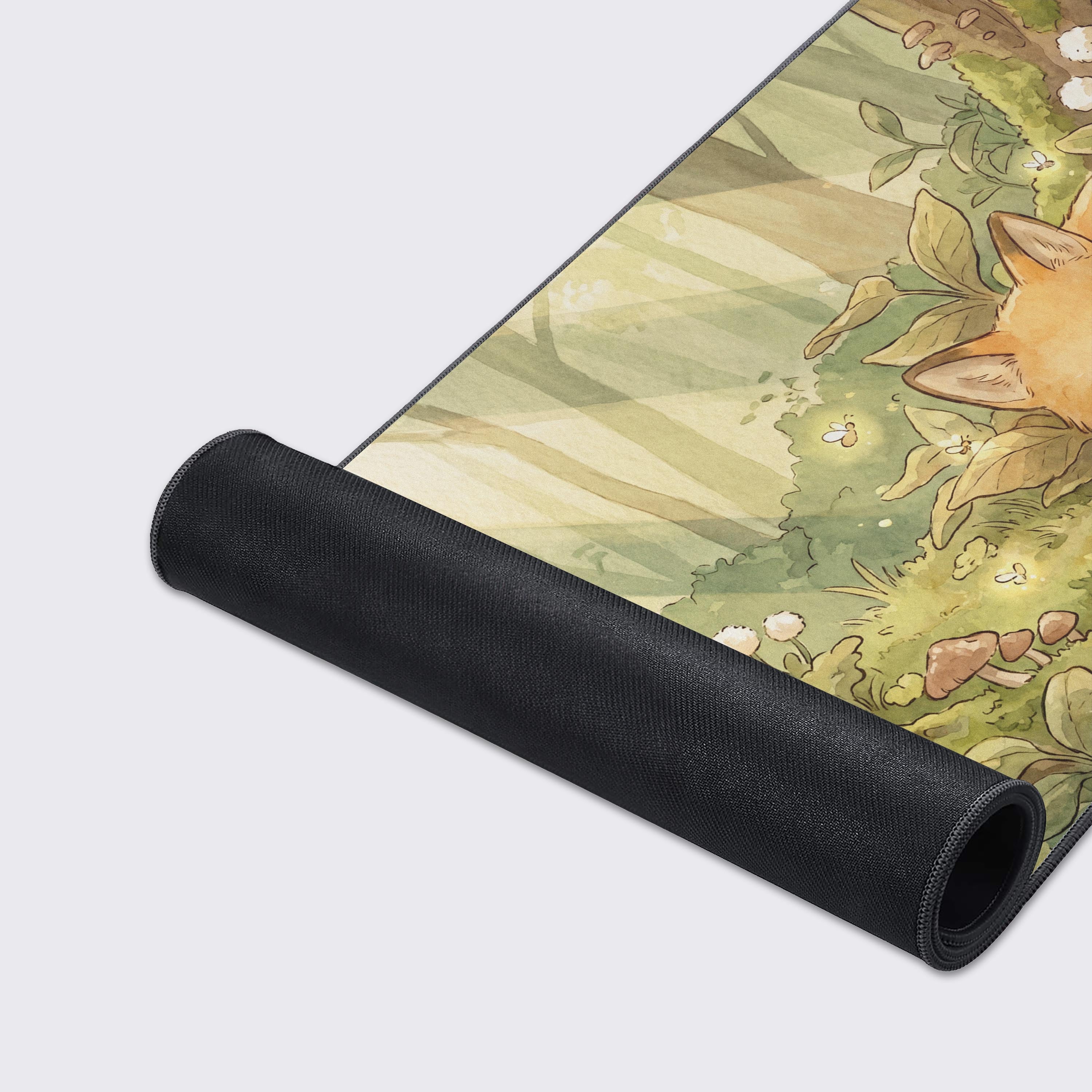 Cottagecore aesthetic desk mat featuring a curled up fox and tiny mushrooms