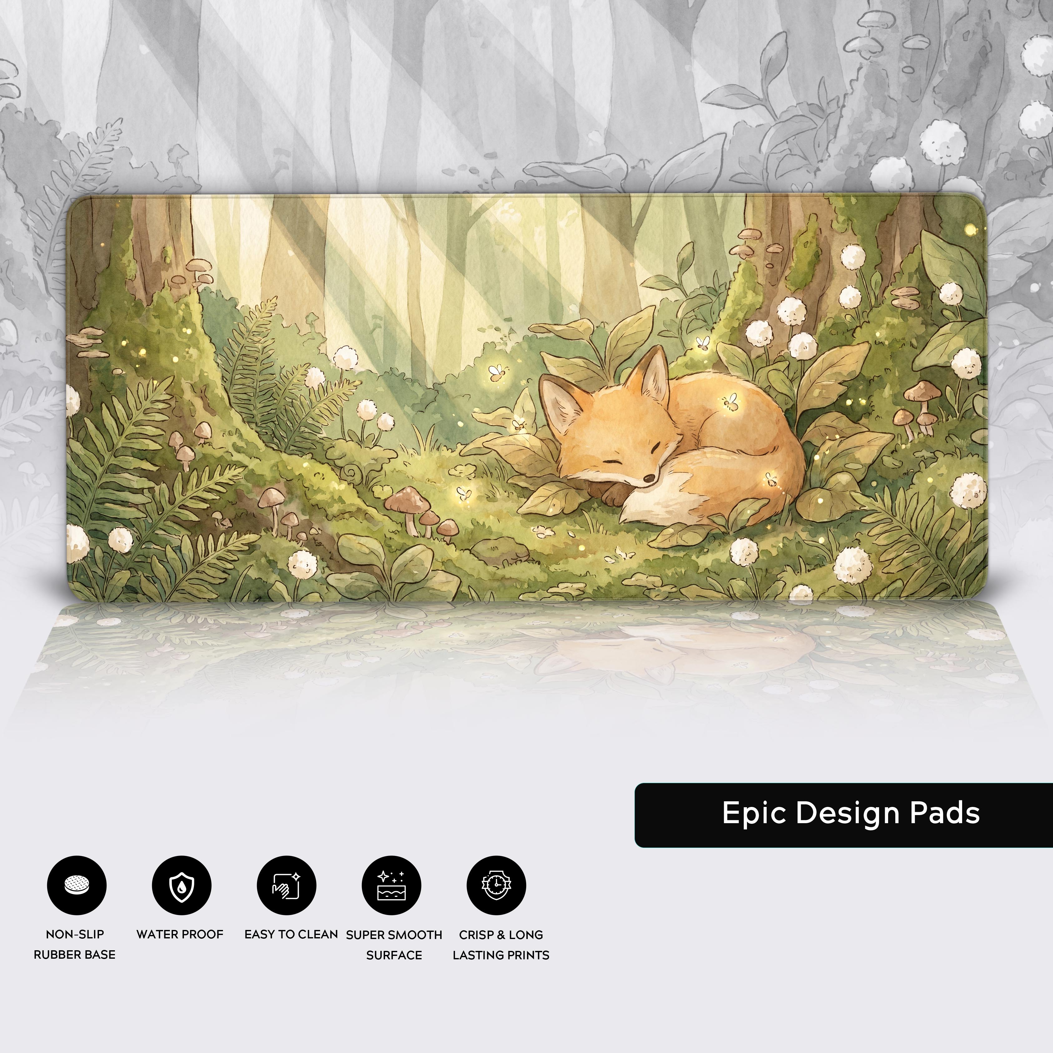 Waterproof and non-slip rubber base desk pad with peaceful nature fox design