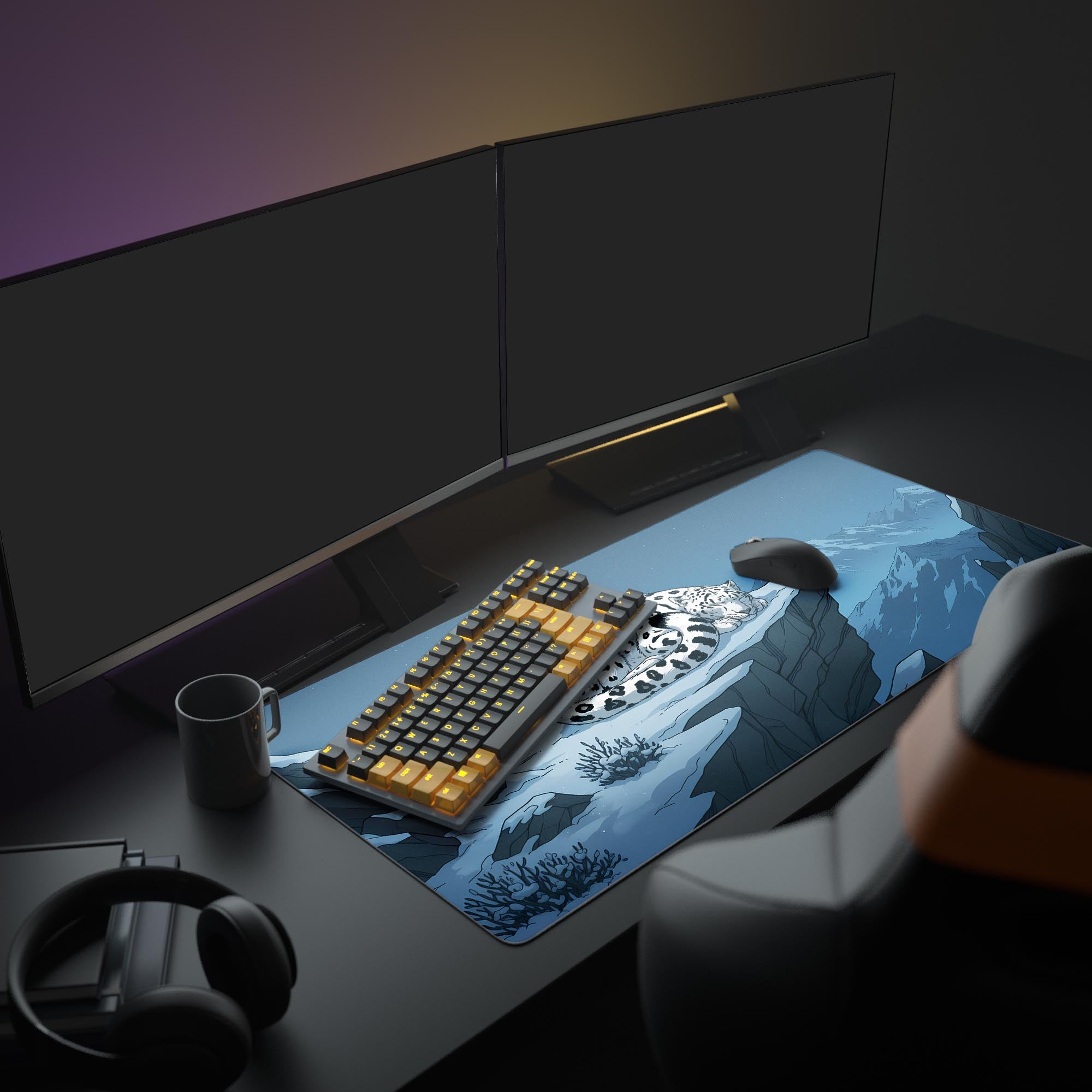 Large tiger and rose desk mat in a complete office setup with dual monitors, a mechanical keyboard, and headphones, showcasing its size and aesthetic appeal. - Epic Design Pads & Mousepads