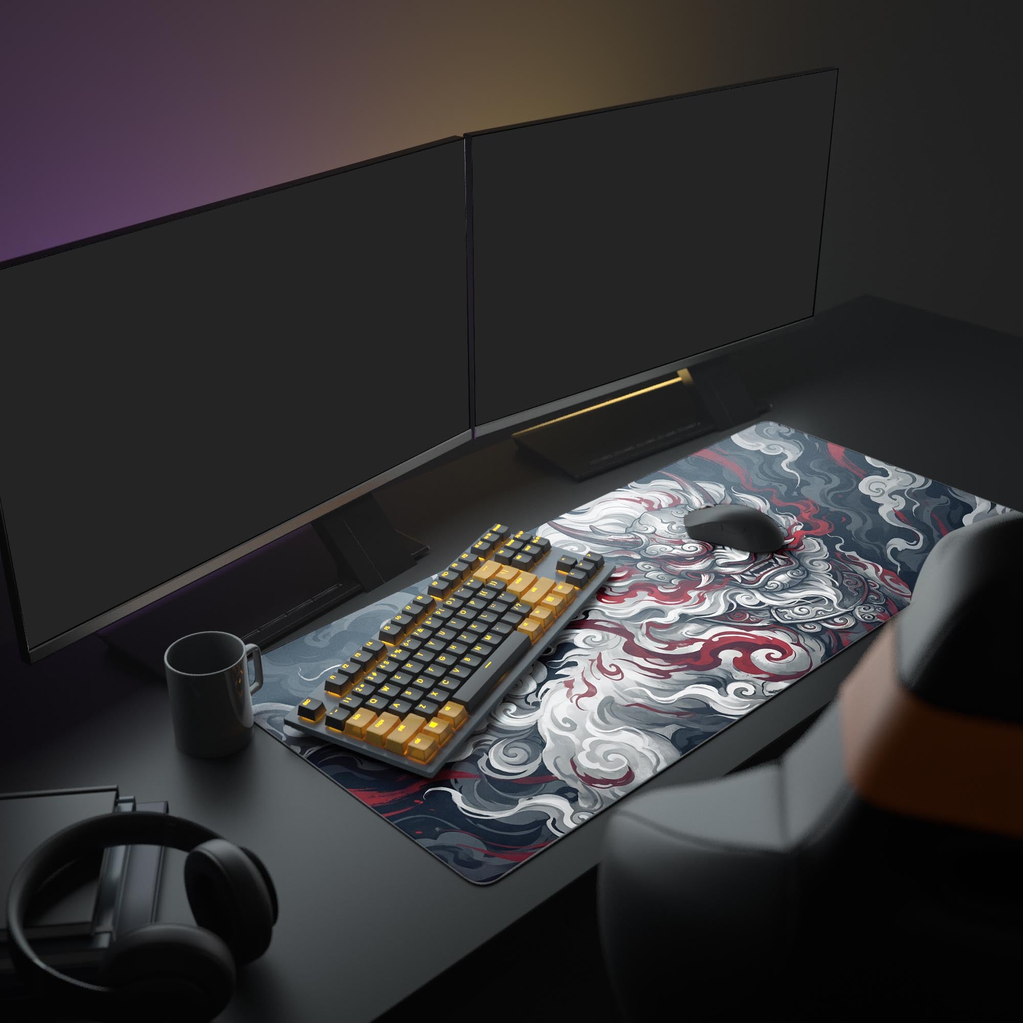 A full gaming setup featuring the Smoke Sentinel mouse pad, its red and white Komainu art creating a powerful aesthetic beneath a large monitor. - Epic Design Pads & Mousepads