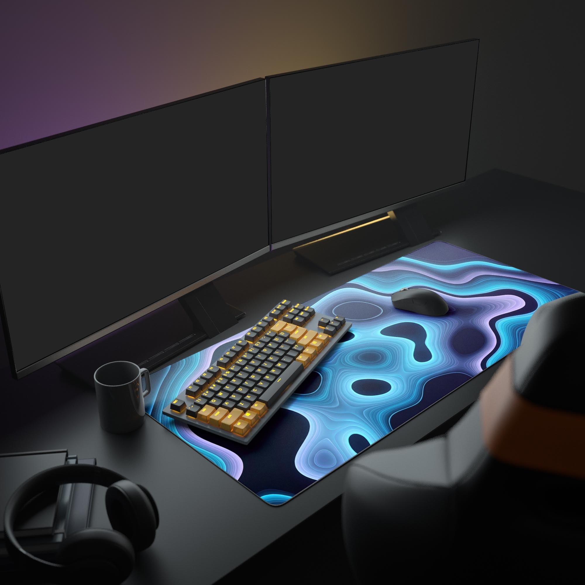 A full gaming setup featuring the Sonic Depth desk mat. The mat's vibrant neon topographic pattern glows under dual monitors, complementing a white gaming keyboard and mouse. - Epic Design Pads & Mousepads