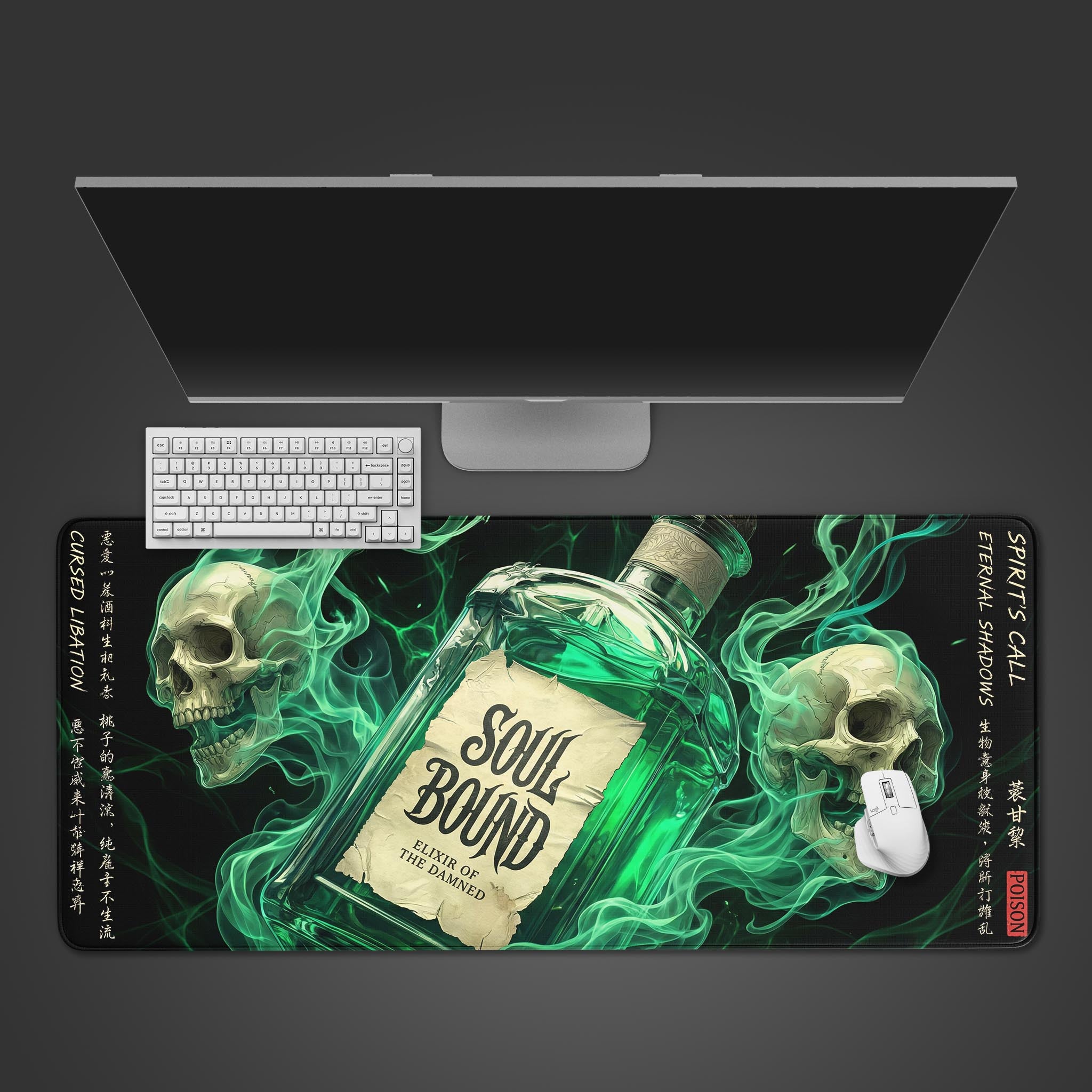 The 'Soul Bound' gaming desk mat shown from above with a keyboard and mouse, featuring a glowing green elixir bottle and spectral skulls. - Epic Design Pads & Mousepads