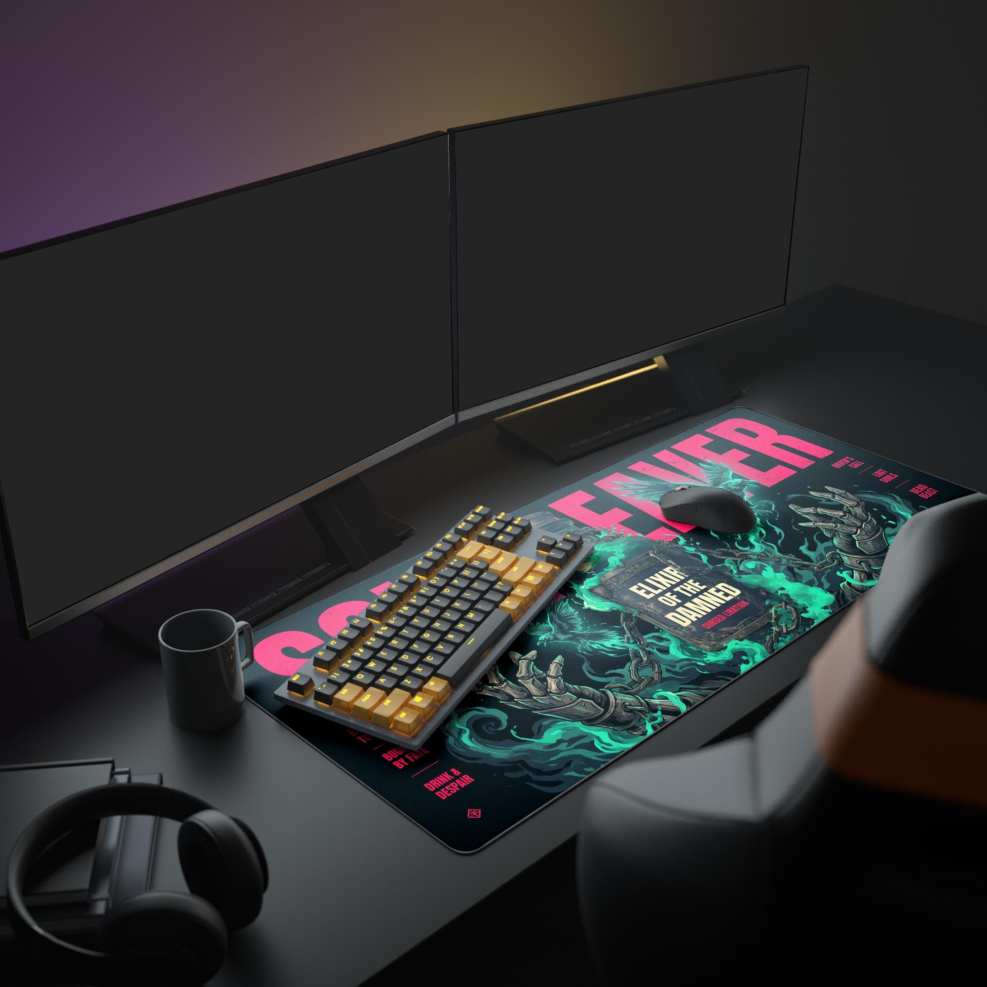 A complete dark fantasy PC setup showcasing the Soul Reaver gaming desk mat, complemented by RGB lighting, monitors, and a white gaming keyboard and mouse. - Epic Design Pads & Mousepads