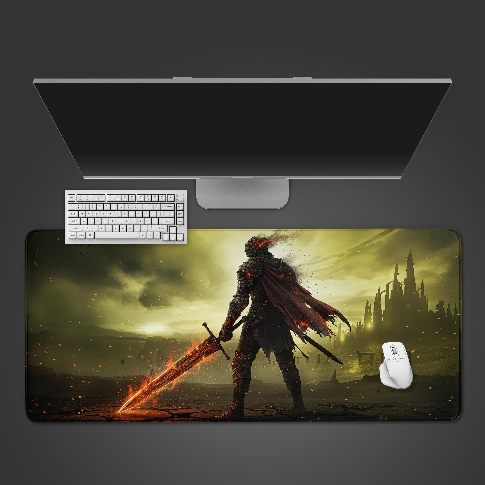 Dark fantasy desk mat with the Soulflame Blade ember knight design – top-down desktop view with a gaming keyboard and mouse. - Epic Design Pads