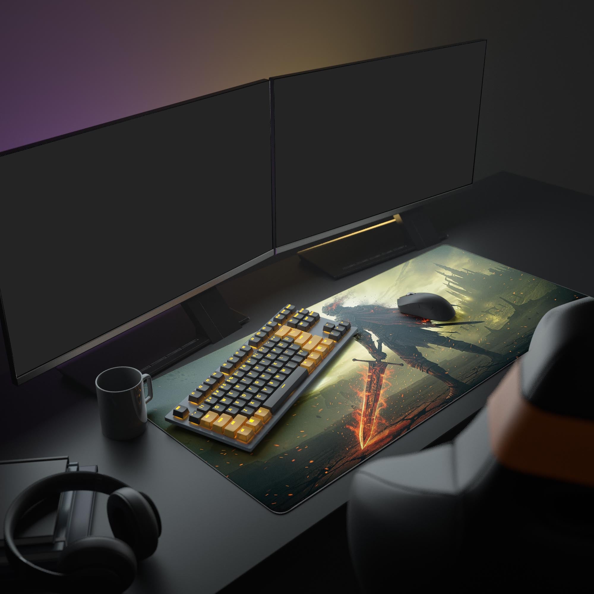 Large Soulflame Blade dark fantasy gaming desk mat shown in an epic desk setup with dual monitors and RGB lighting. - Epic Design Pads