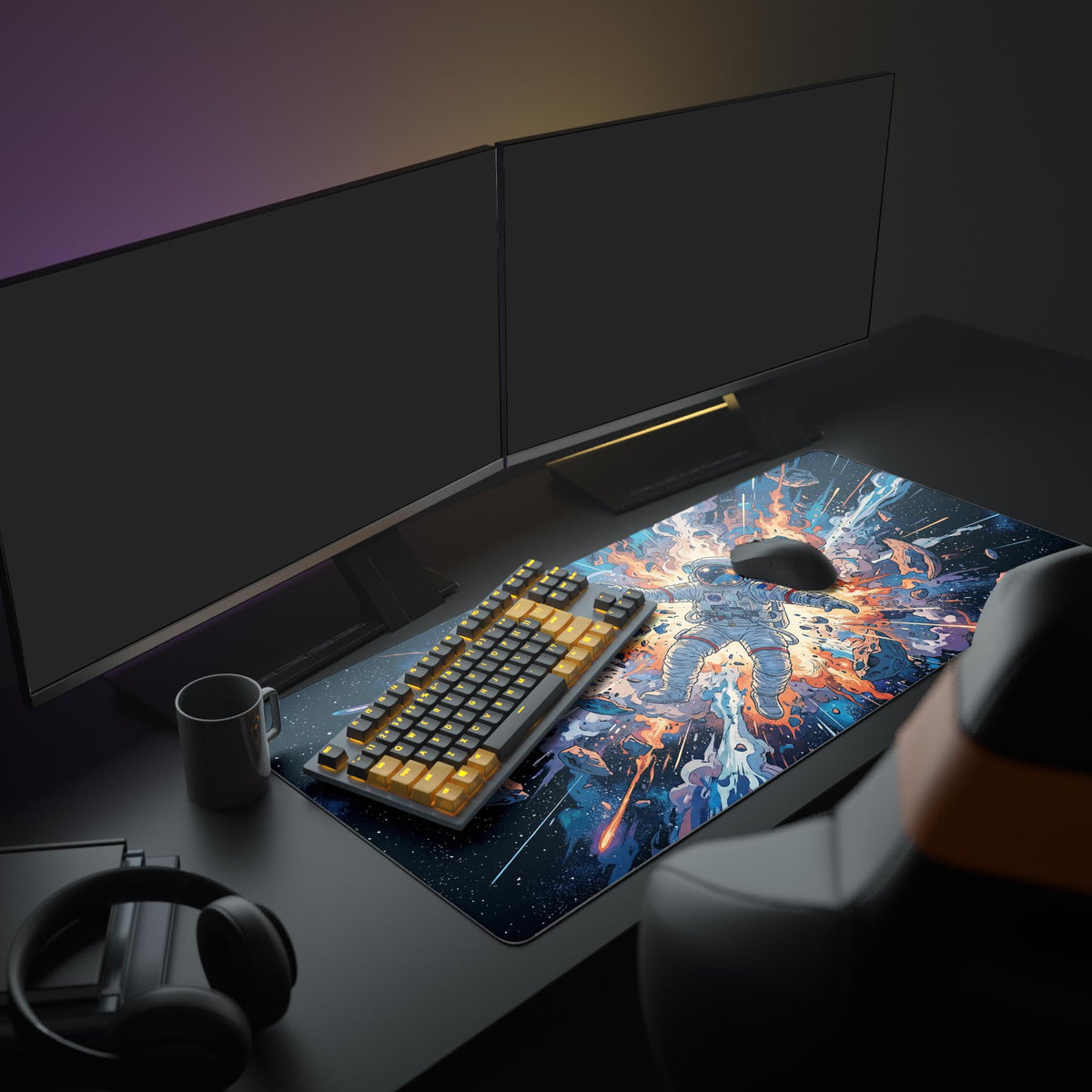 A clean desk setup featuring the Space Explosion gaming desk mat under a large monitor, keyboard, and mouse, highlighting the dramatic comic-style space art. - Epic Design Pads & Mousepads
