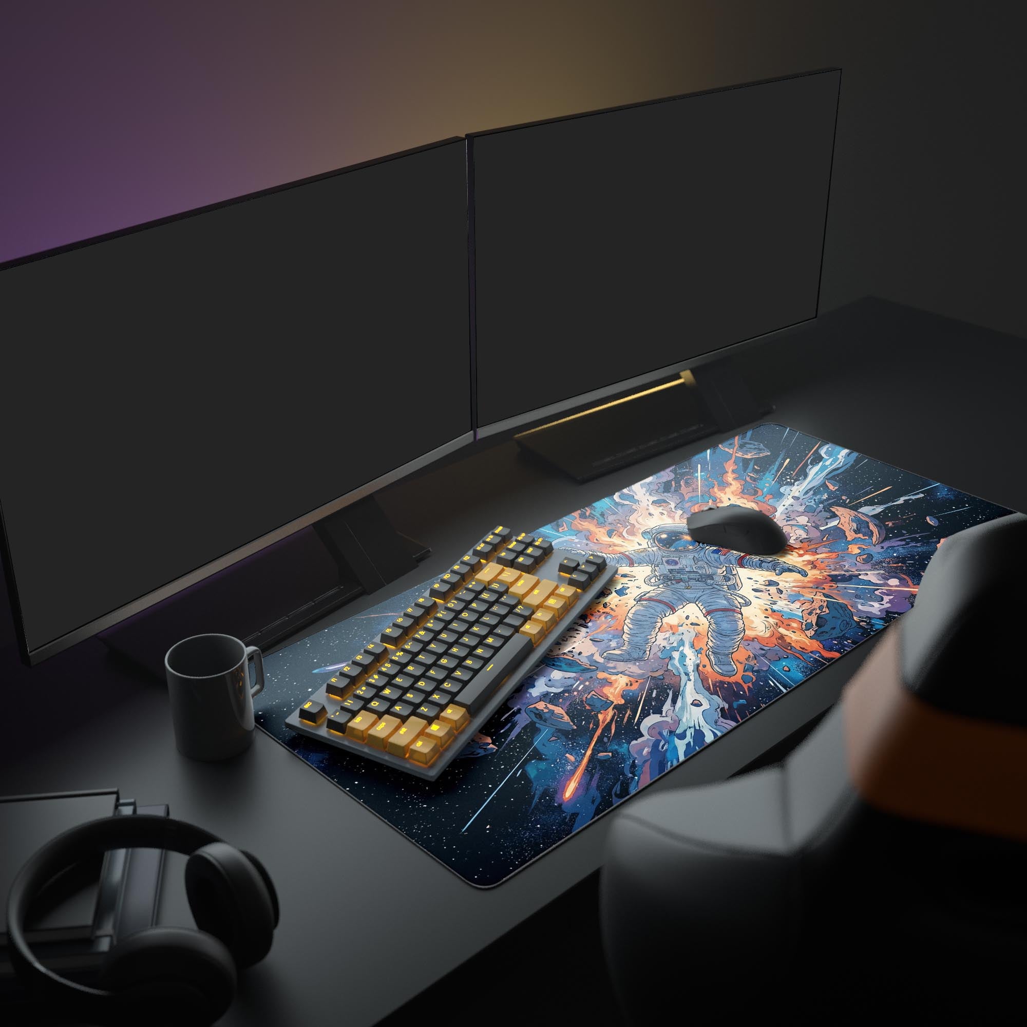 A clean desk setup featuring the Space Explosion gaming desk mat under a large monitor, keyboard, and mouse, highlighting the dramatic comic-style space art. - Epic Design Pads & Mousepads