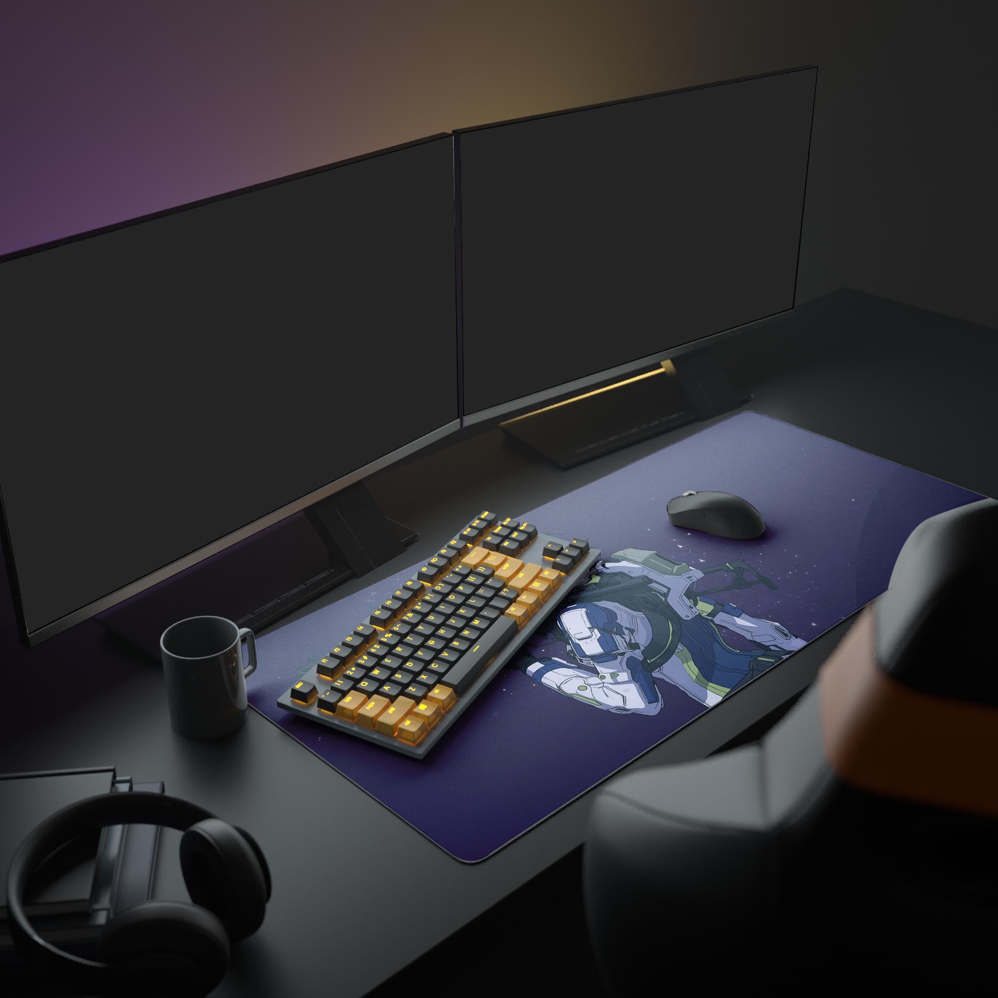 Large space-themed anime desk mat – shown in a gaming setup with dual monitors. - Epic Design Pads