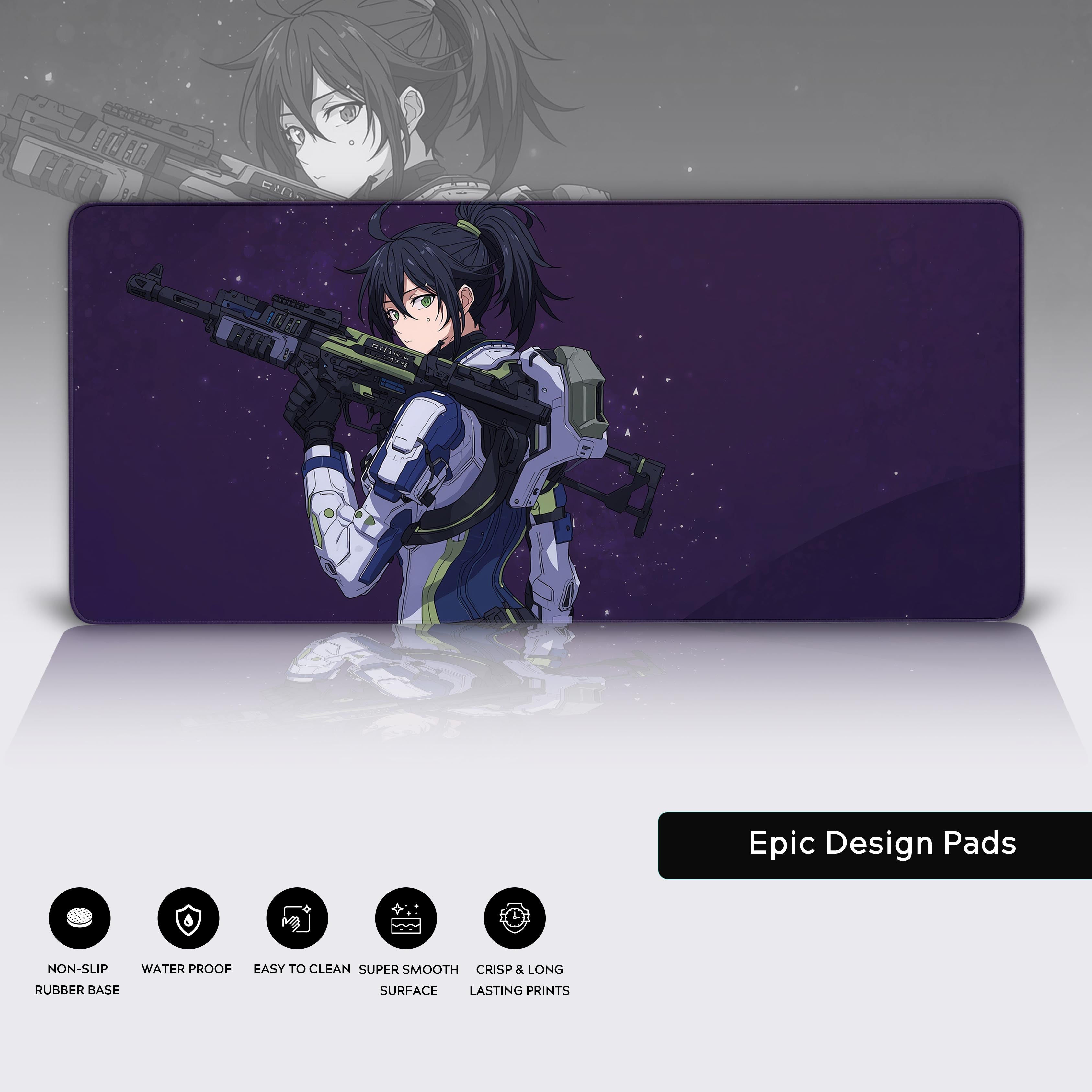 Space warrior desk mat with futuristic design – featuring stitched edges and non-slip base. - Epic Design Pads