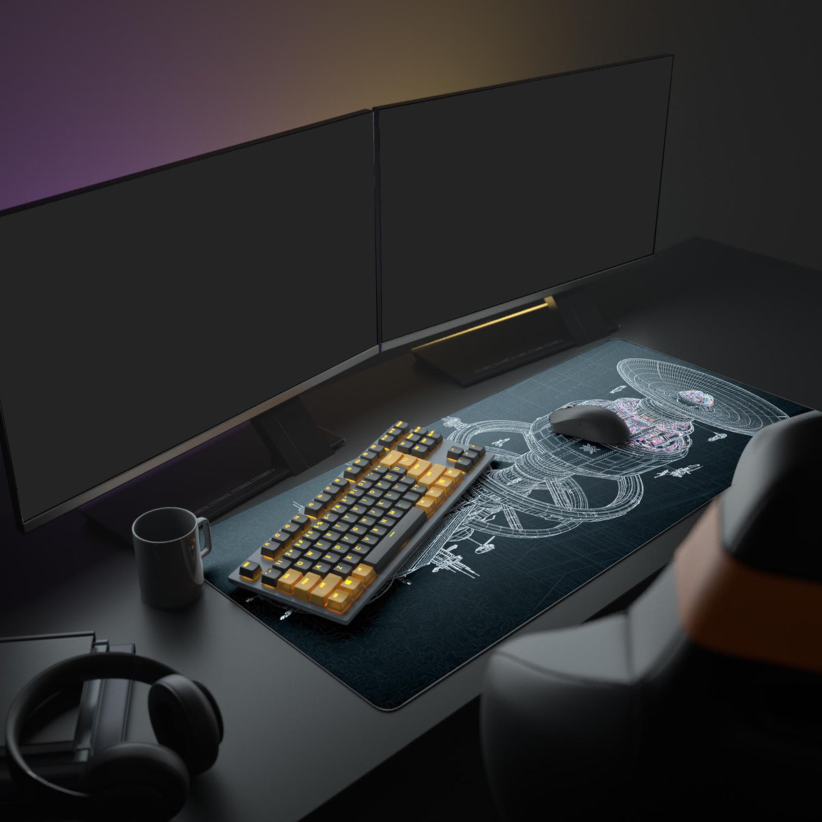 Desk mat on a dark desk with two monitors, an orange-key keyboard, mouse and mug; white wireframe starship on black