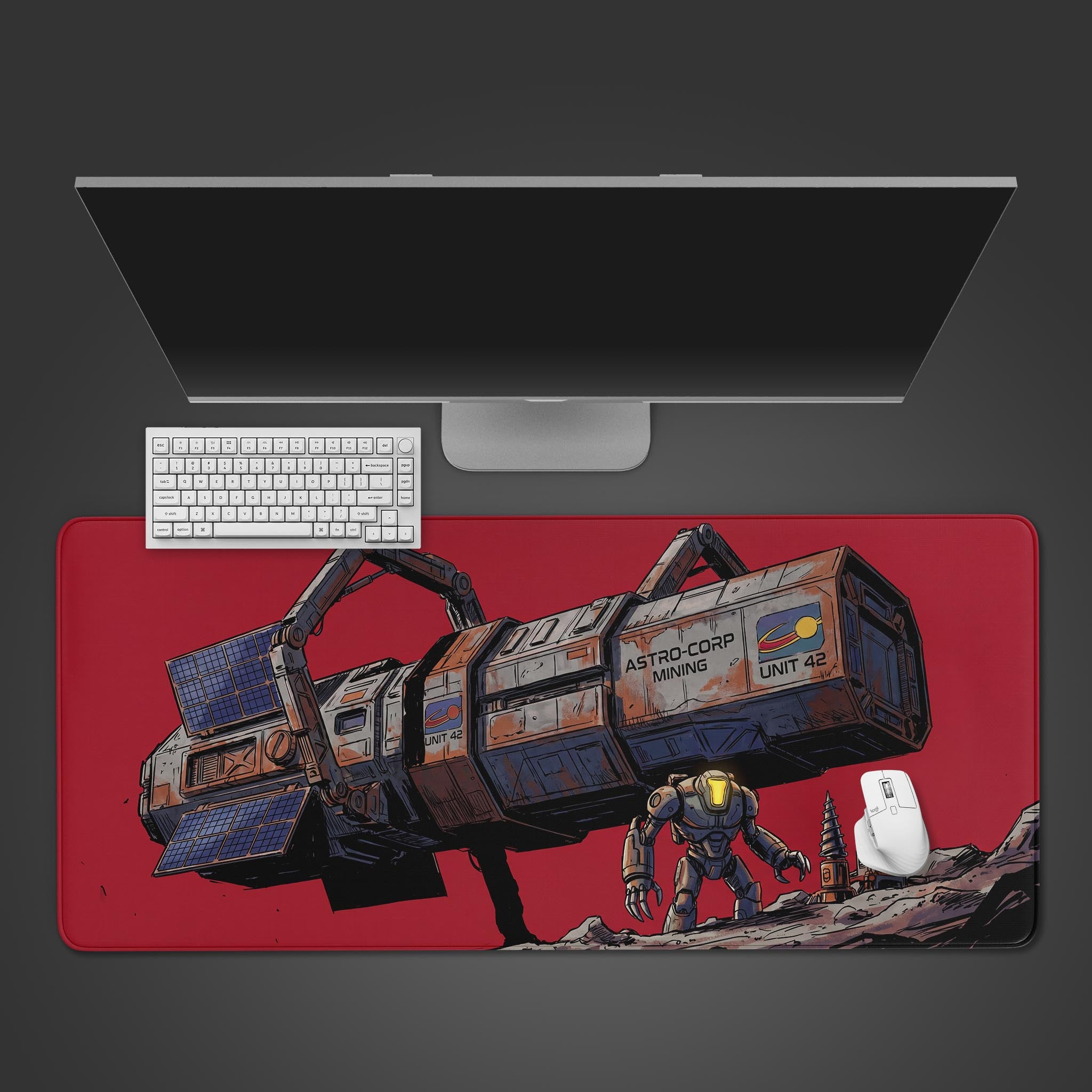 Astro-Corp Mining Unit 42 spaceship and mecha desk mat with vibrant red background