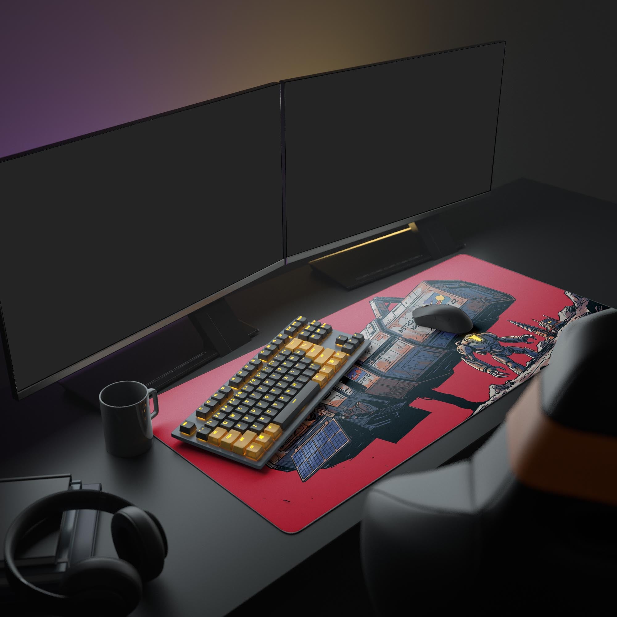 Close-up of industrial sci-fi spaceship artwork on a premium smooth gaming mouse pad
