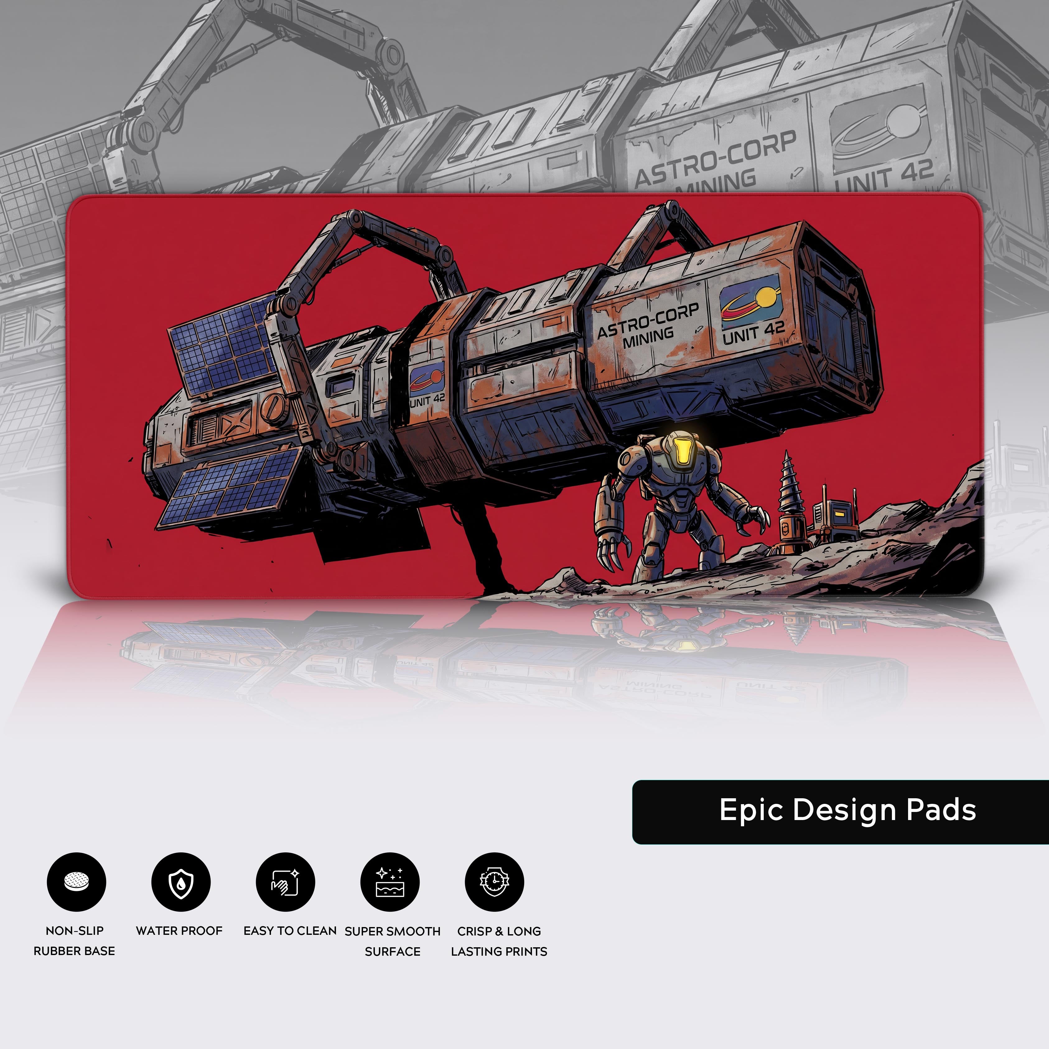 Comic book style space exploration illustration on an extra large desk mat