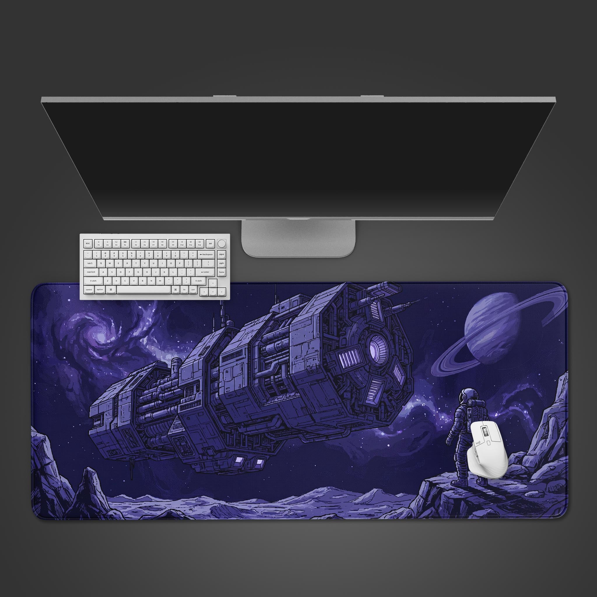 Cosmic Vessel deep space spaceship desk mat featuring an astronaut on a rocky planet