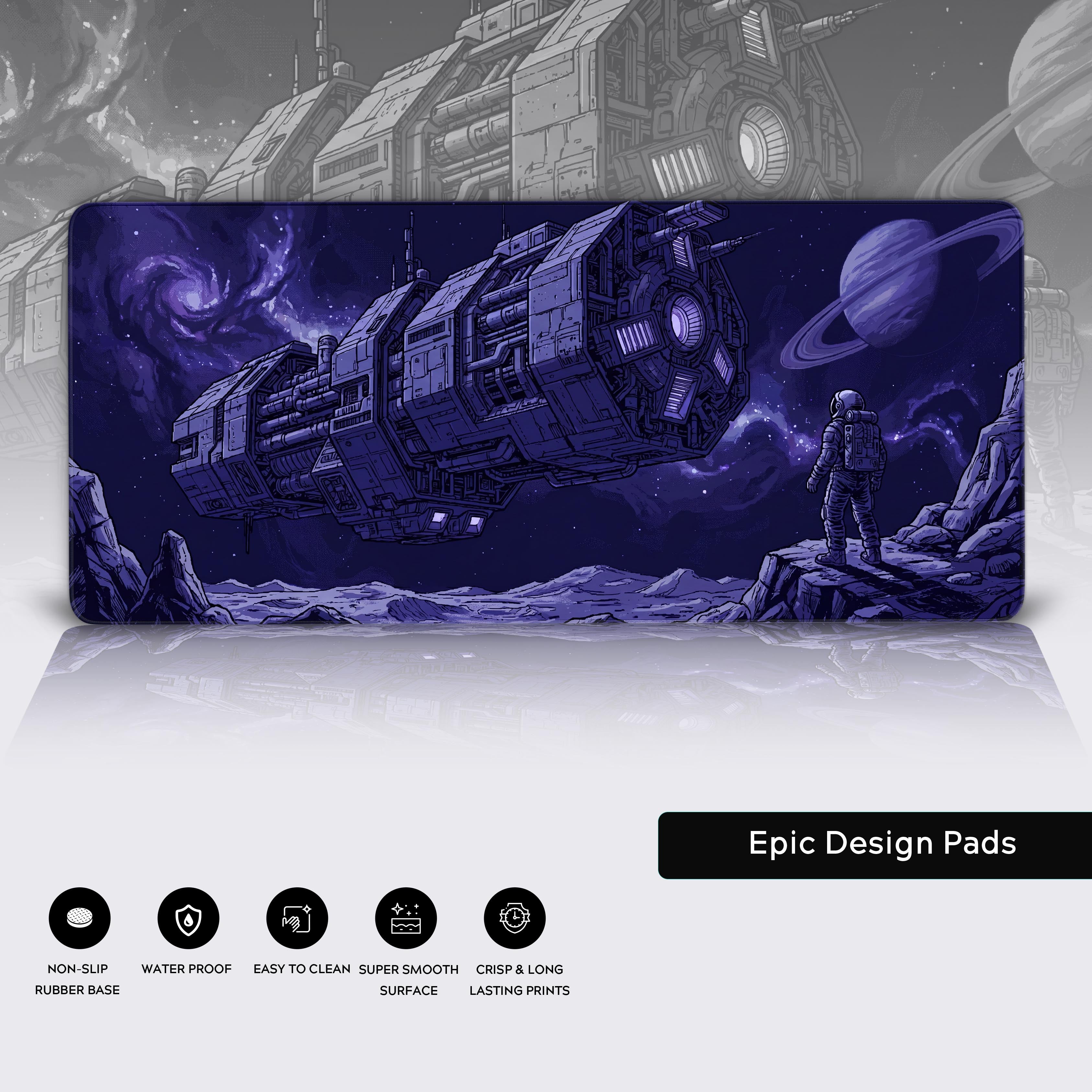 High-quality waterproof desk mat with deep space aesthetic and non-slip rubber base features