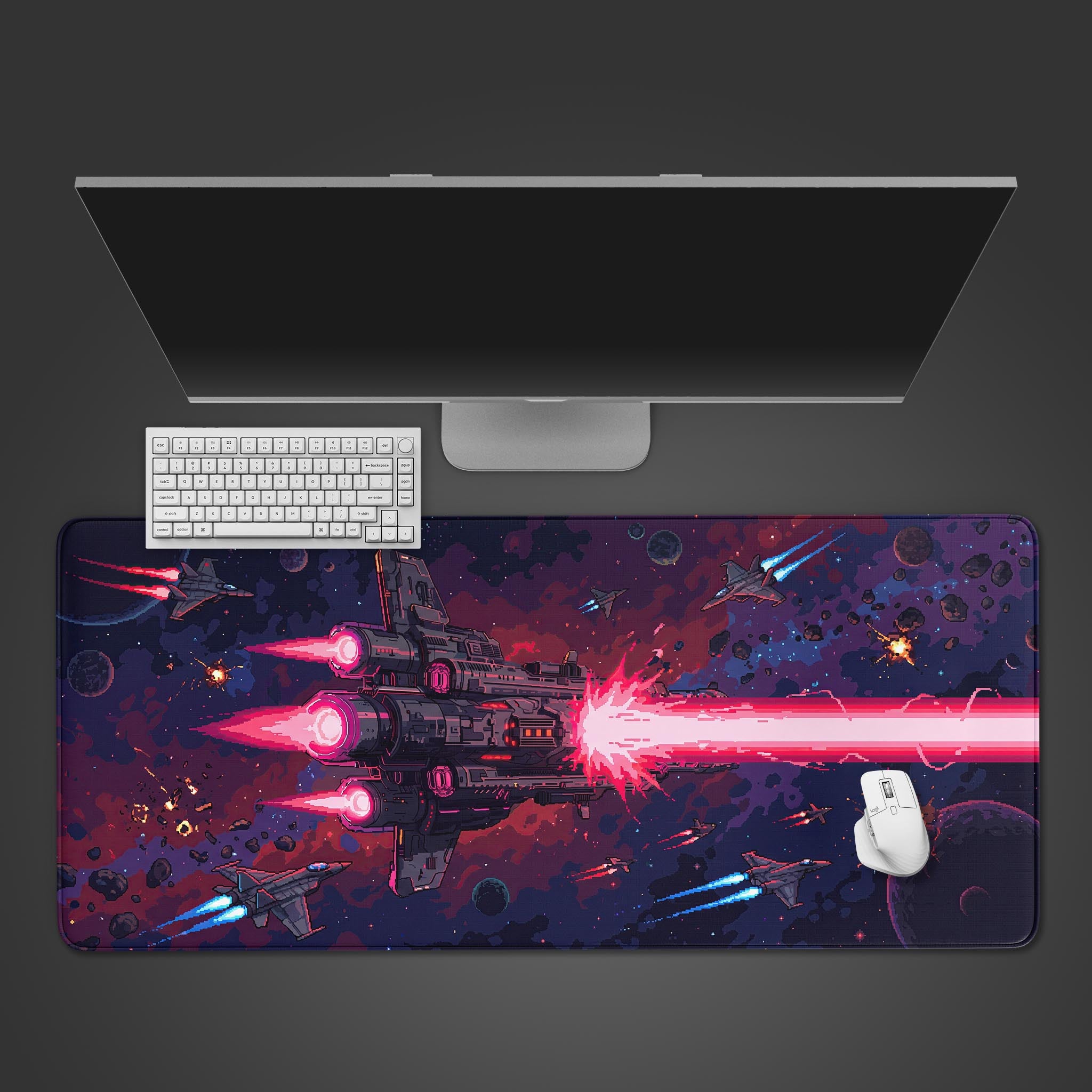 Epic pixel art spaceship desk mat featuring a giant star cruiser firing a pink laser in space.