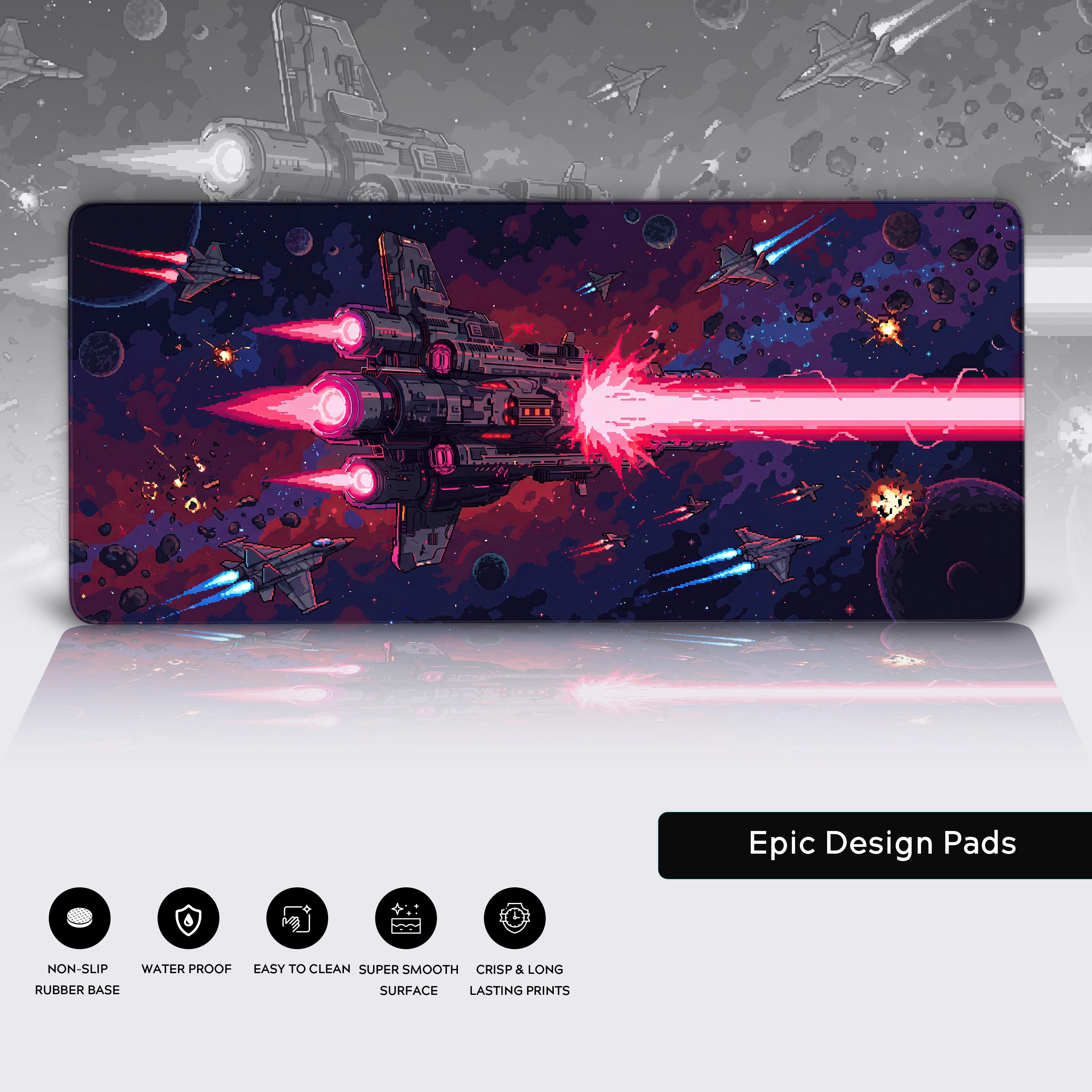 Full view of the Star Cruiser Strike XL desk mat showing a deep space background and vibrant laser beams.