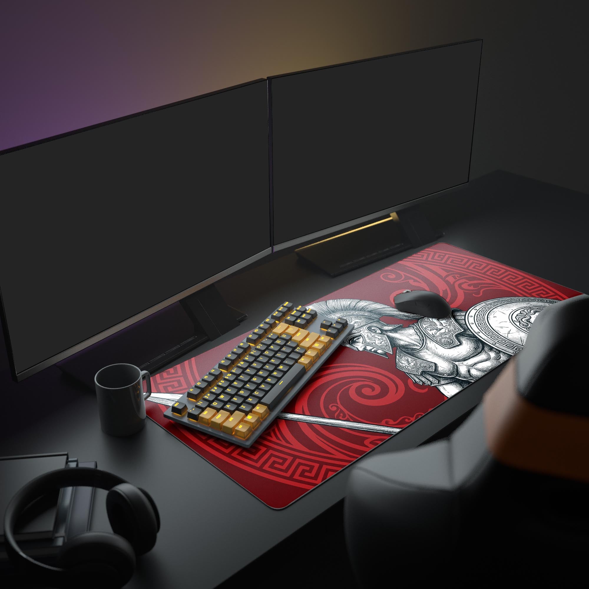 A full gaming setup featuring the Spartan Resolve XL mouse pad, which displays a detailed hoplite warrior, complementing multiple monitors and a keyboard. - Epic Design Pads & Mousepads